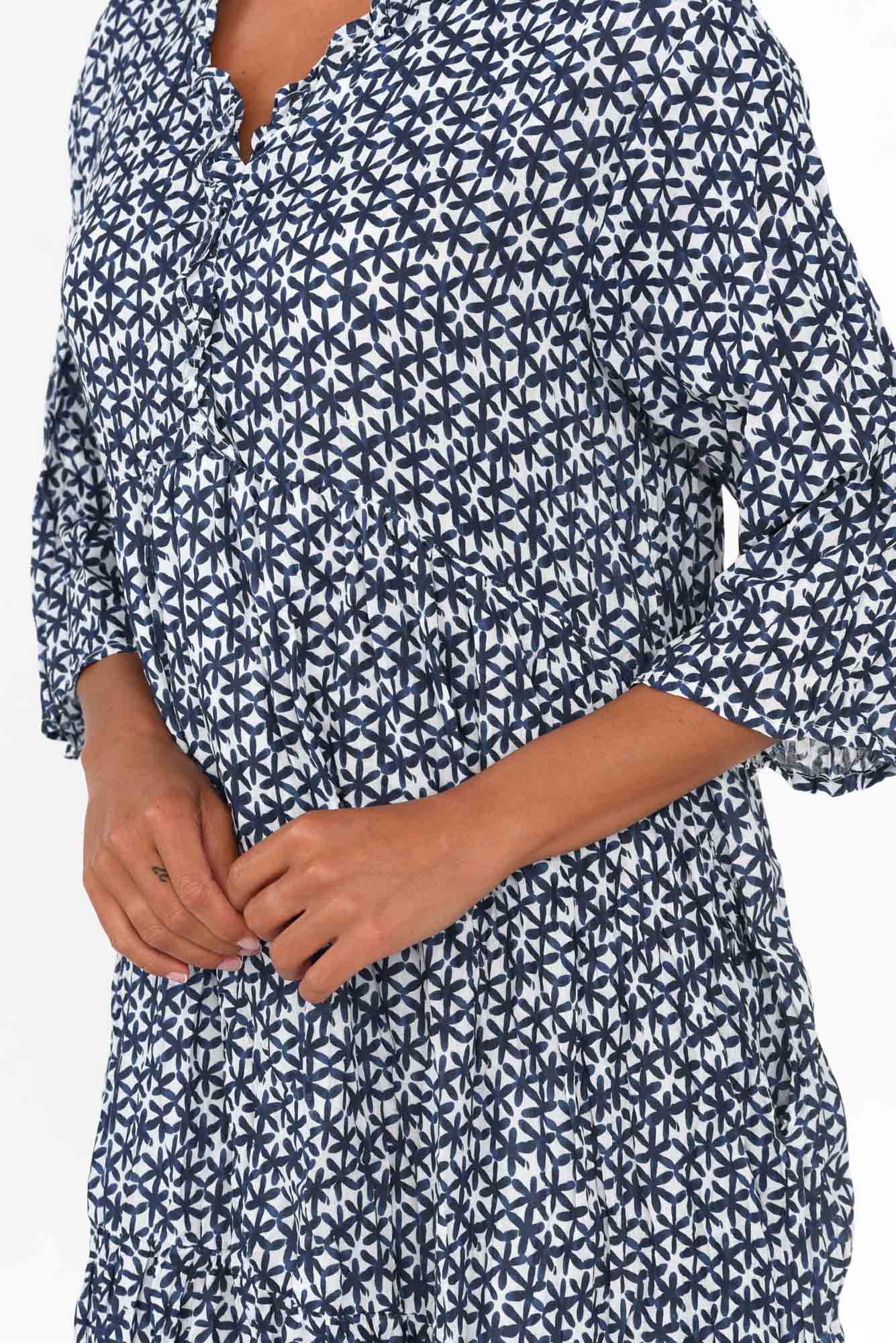 Anniston Navy Flower Cotton Tiered Dress