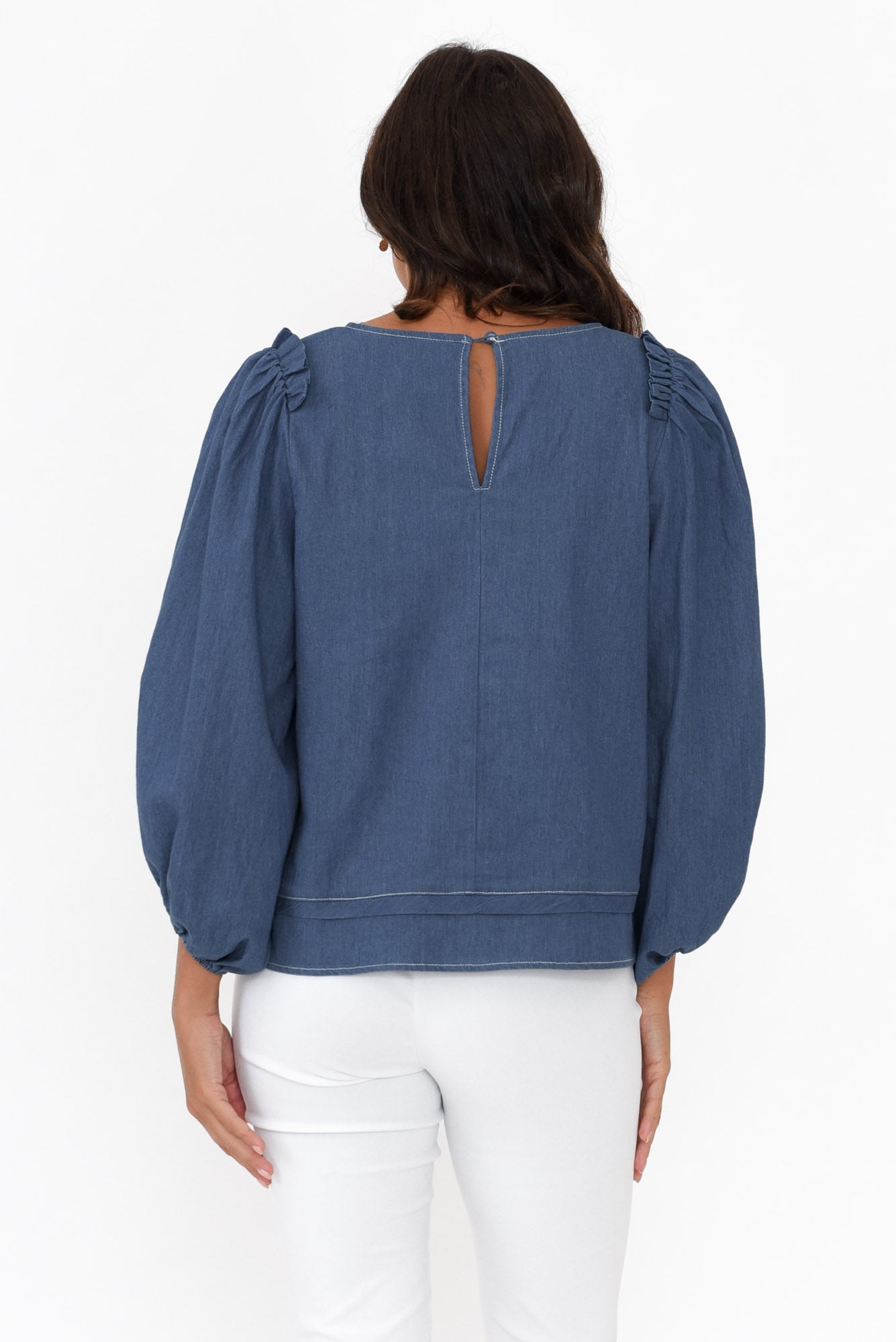 Ferguson Dark Blue Cotton Blend Frill Top