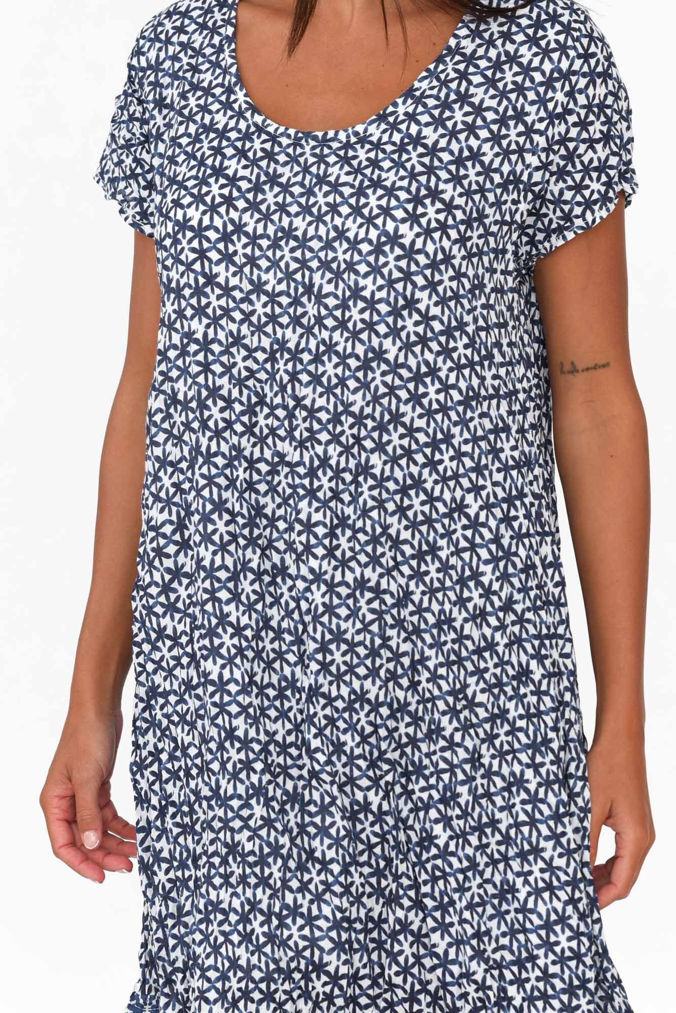Lauren Navy Flower Crinkle Cotton Dress