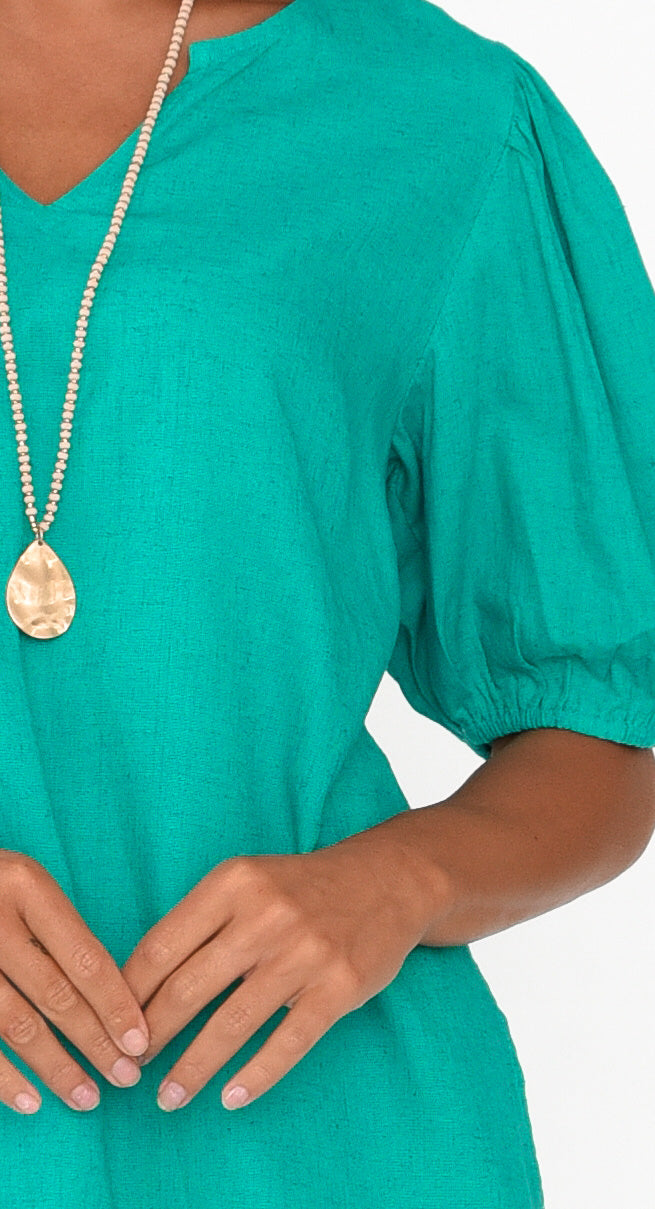 Alba Teal Linen Blend Blouse Top