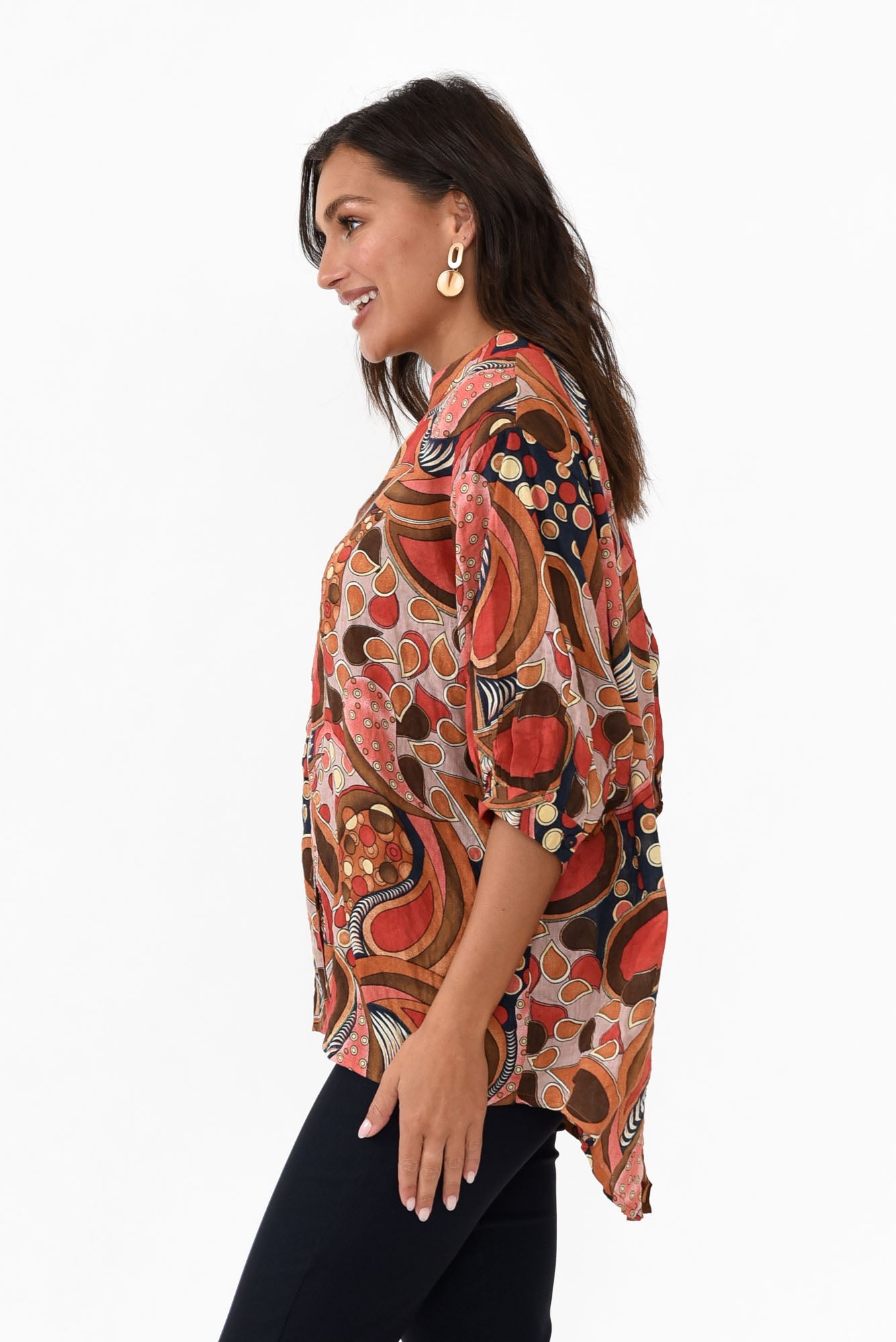 Albright Rust Abstract Cotton Button Top