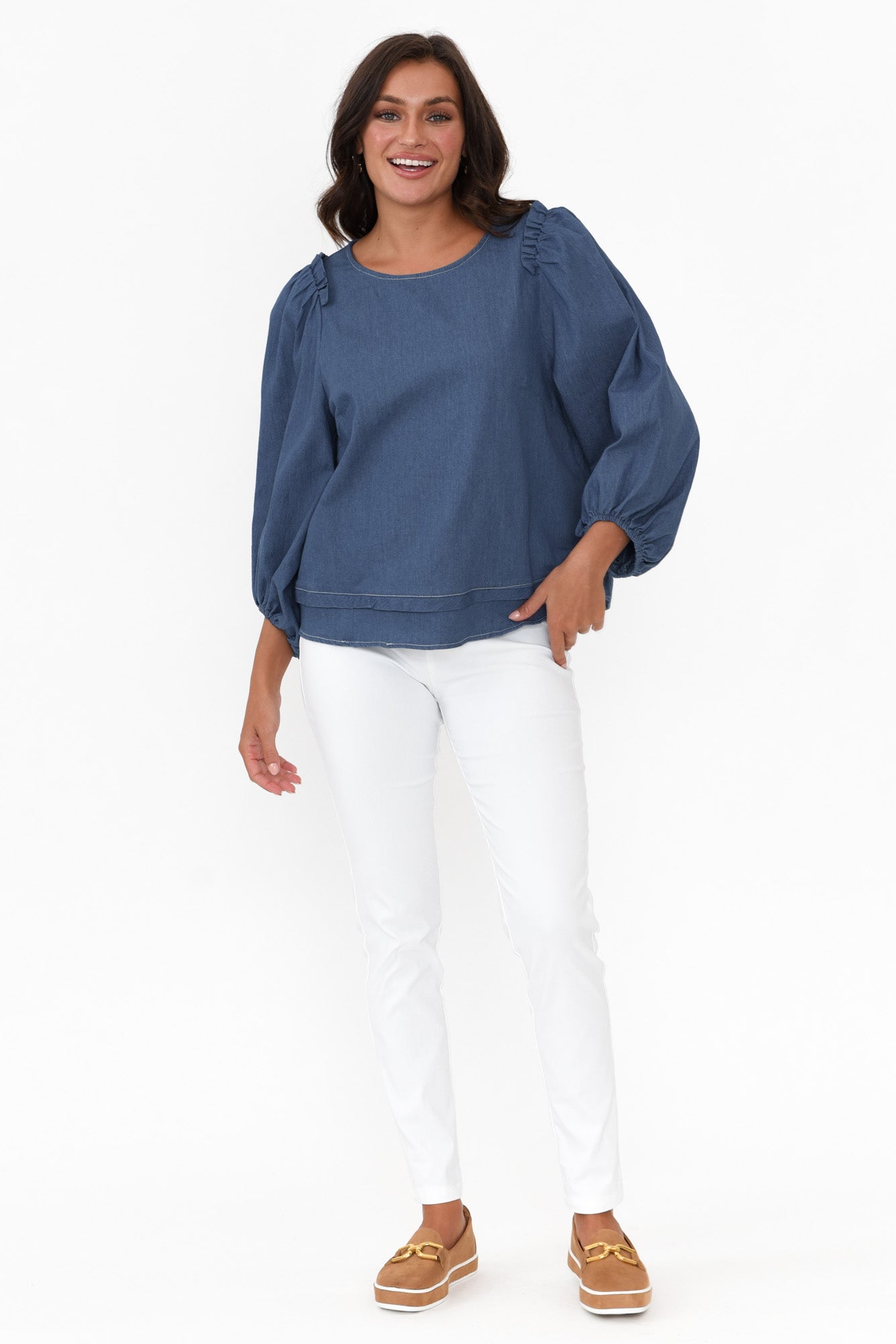 Ferguson Dark Blue Cotton Blend Frill Top