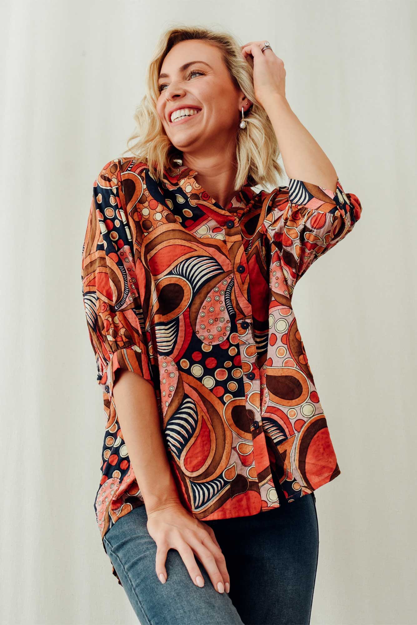 Albright Rust Abstract Cotton Button Top