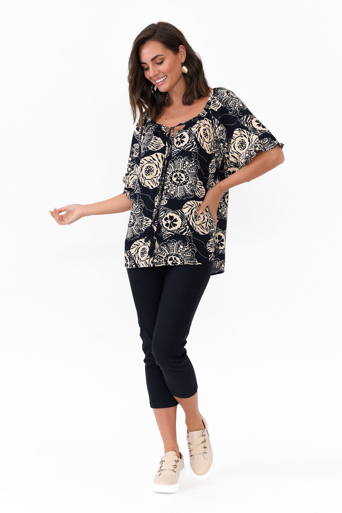 Leora Navy Flower Frill Top