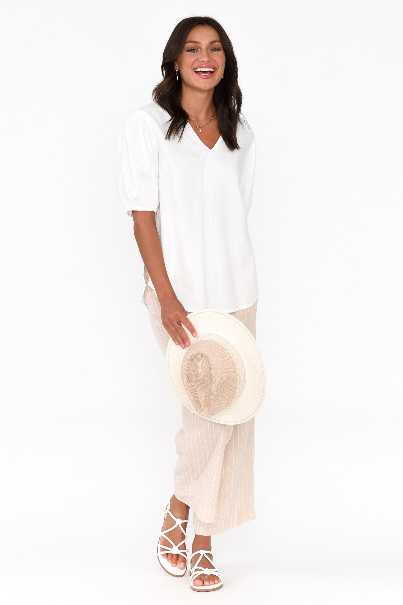 Alba White Linen Blend Blouse Top
