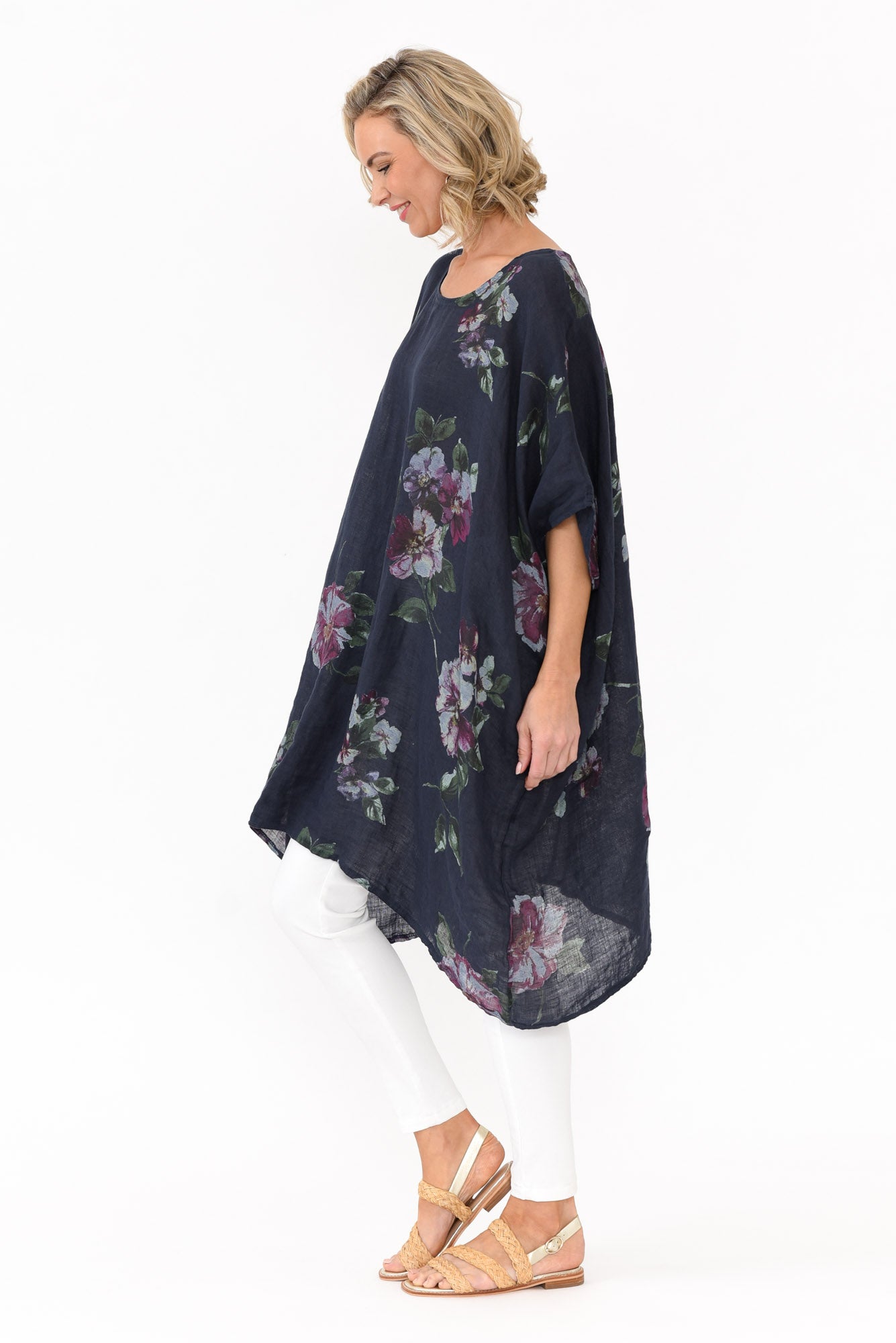 Noemi Navy Floral Linen Kaftan Tunic