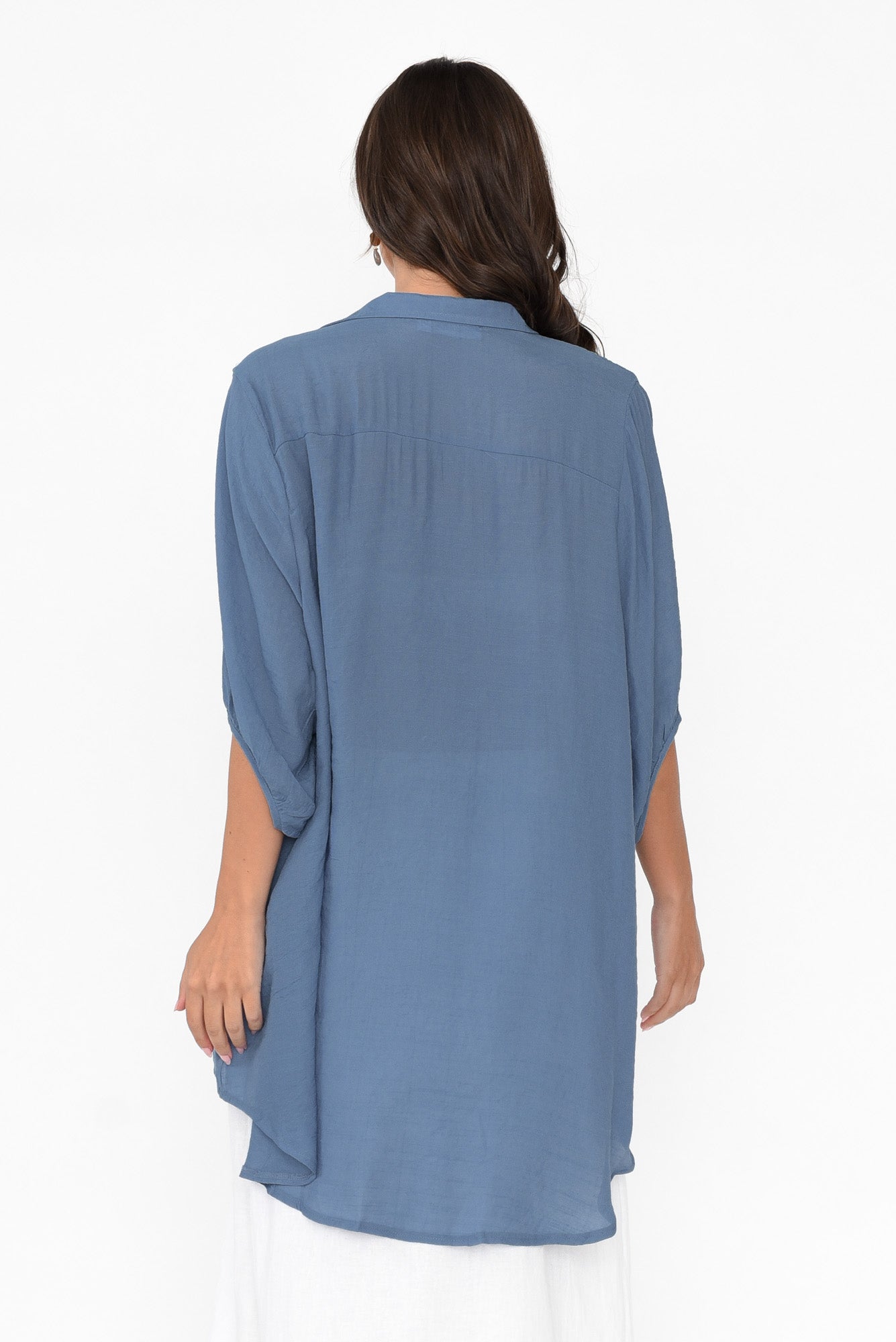 Blue Cotton Blend Hi Lo Shirt