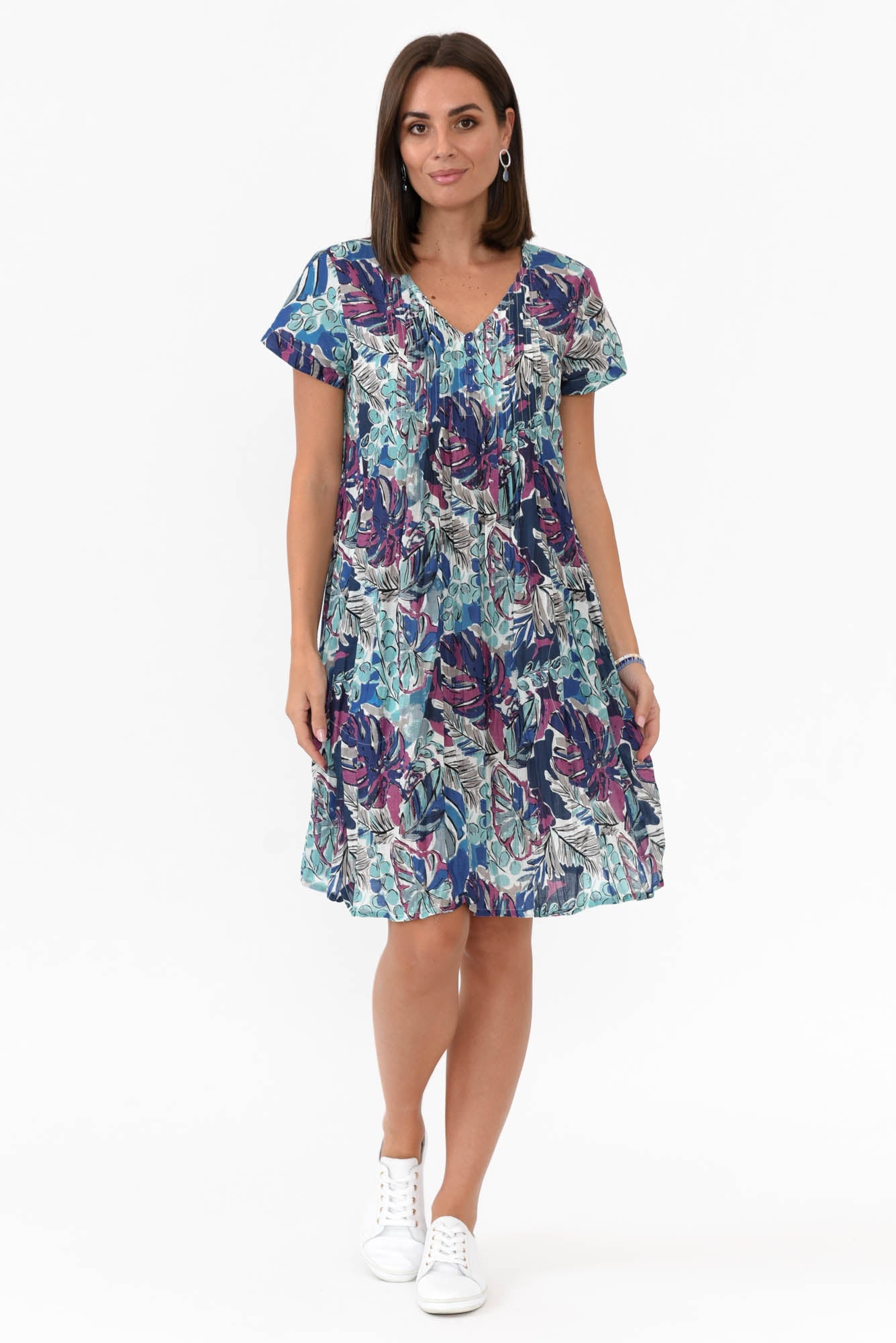 Sabina Blue Palm Crinkle Cotton Dress