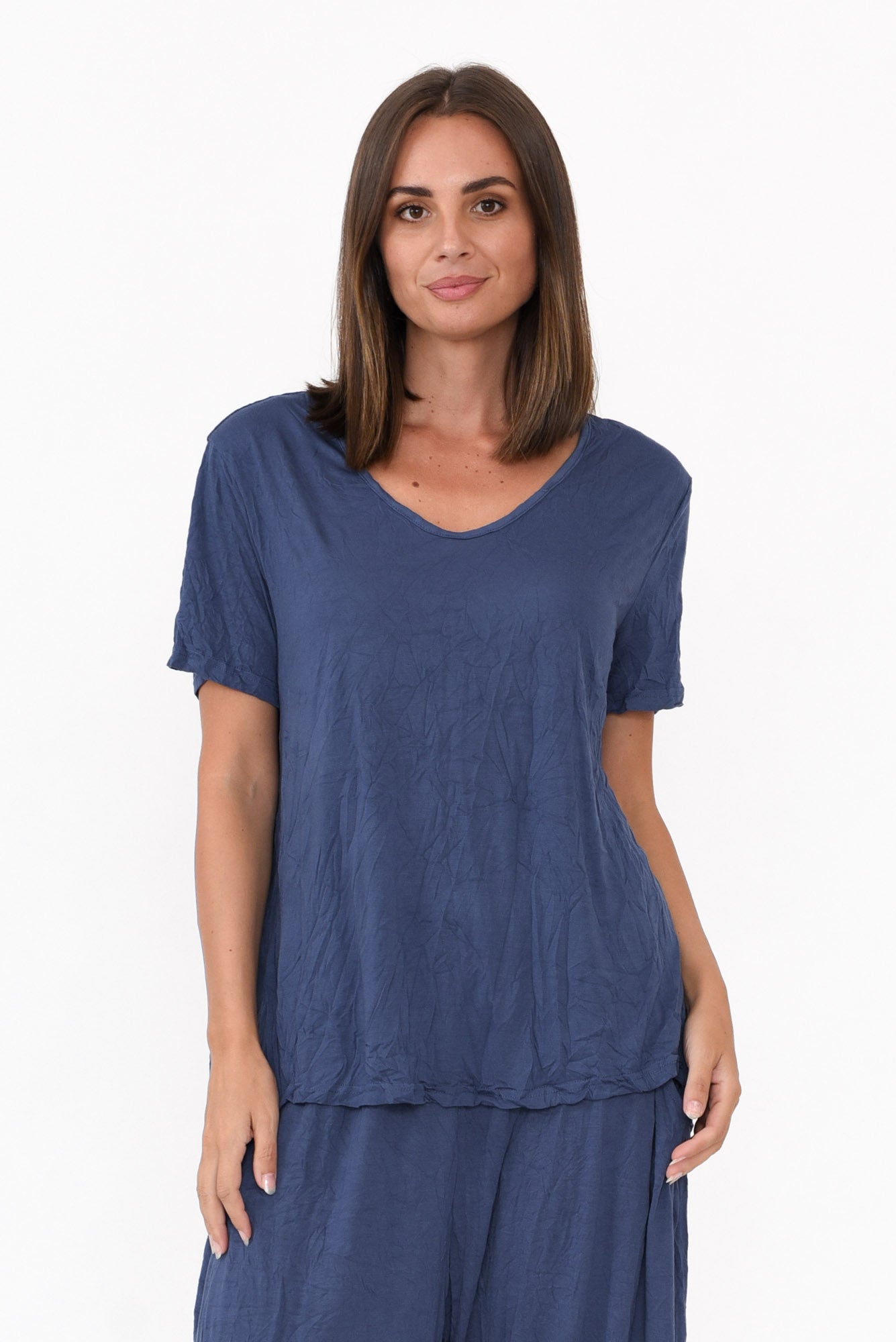Marley Navy Crinkle Cotton Short Sleeve Top