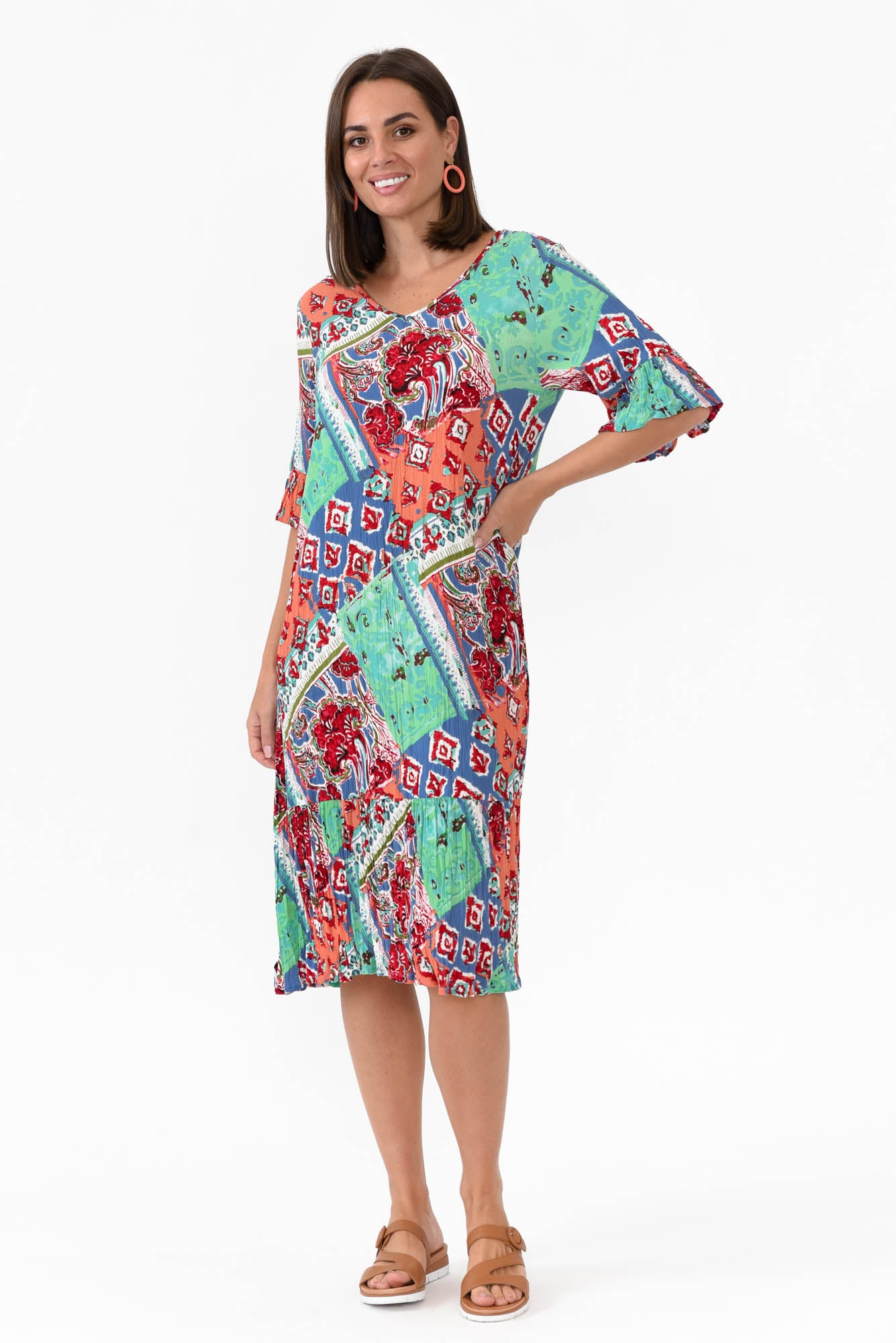 Calla Aqua Geometric Crinkle Dress
