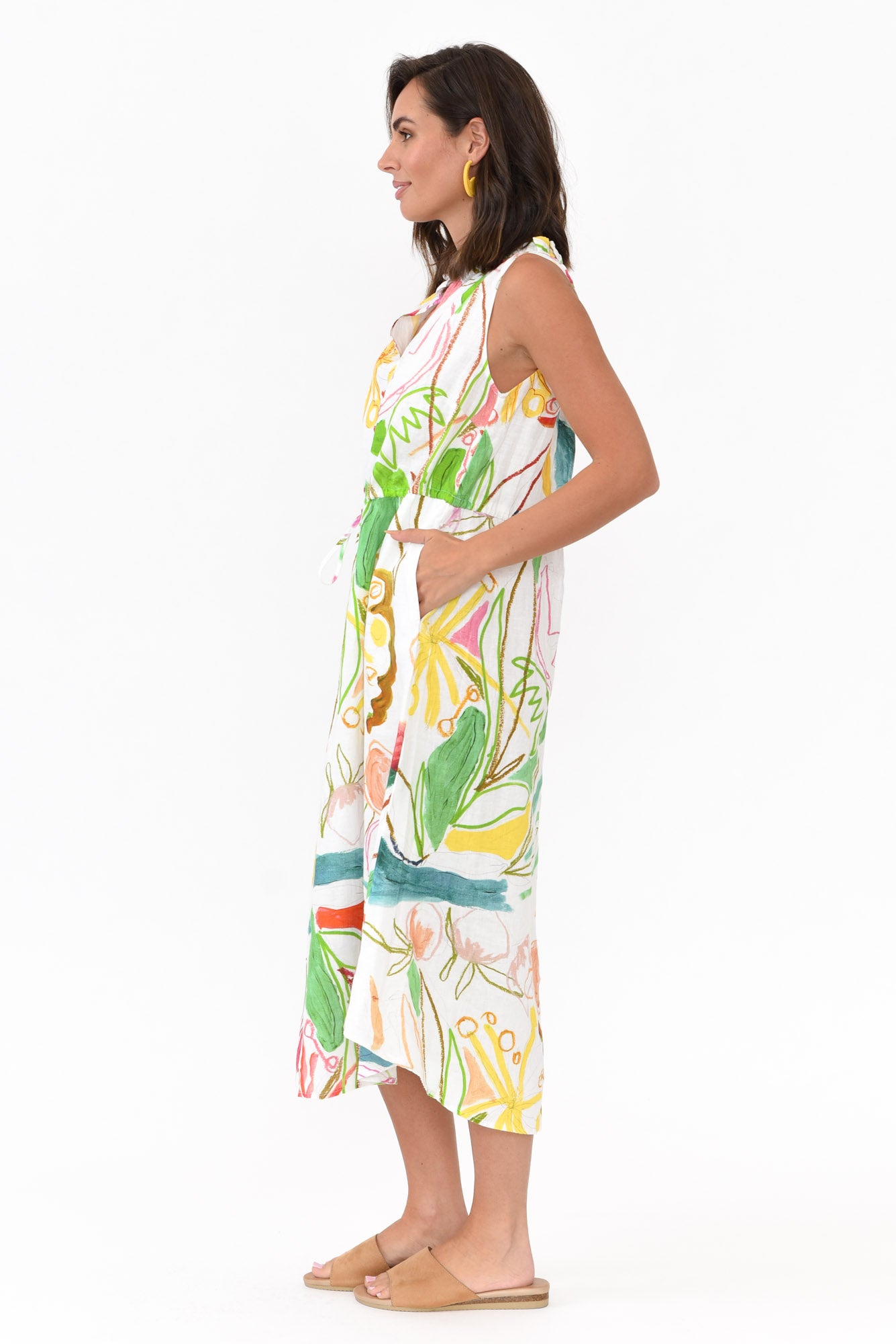 Adams White Abstract Linen Dress