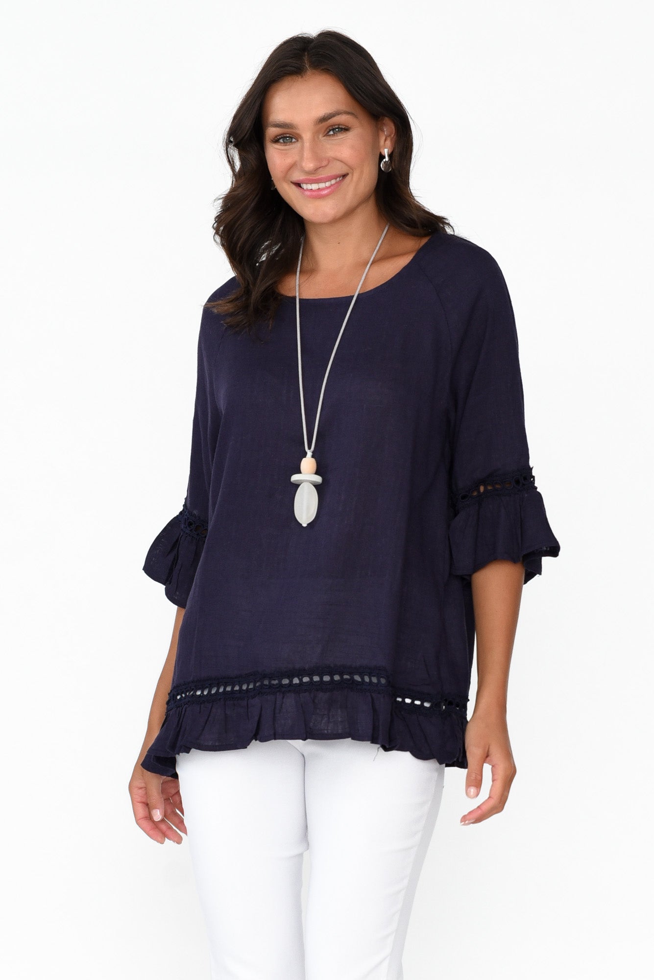 Tinker Navy Linen Cotton Ruffle Top
