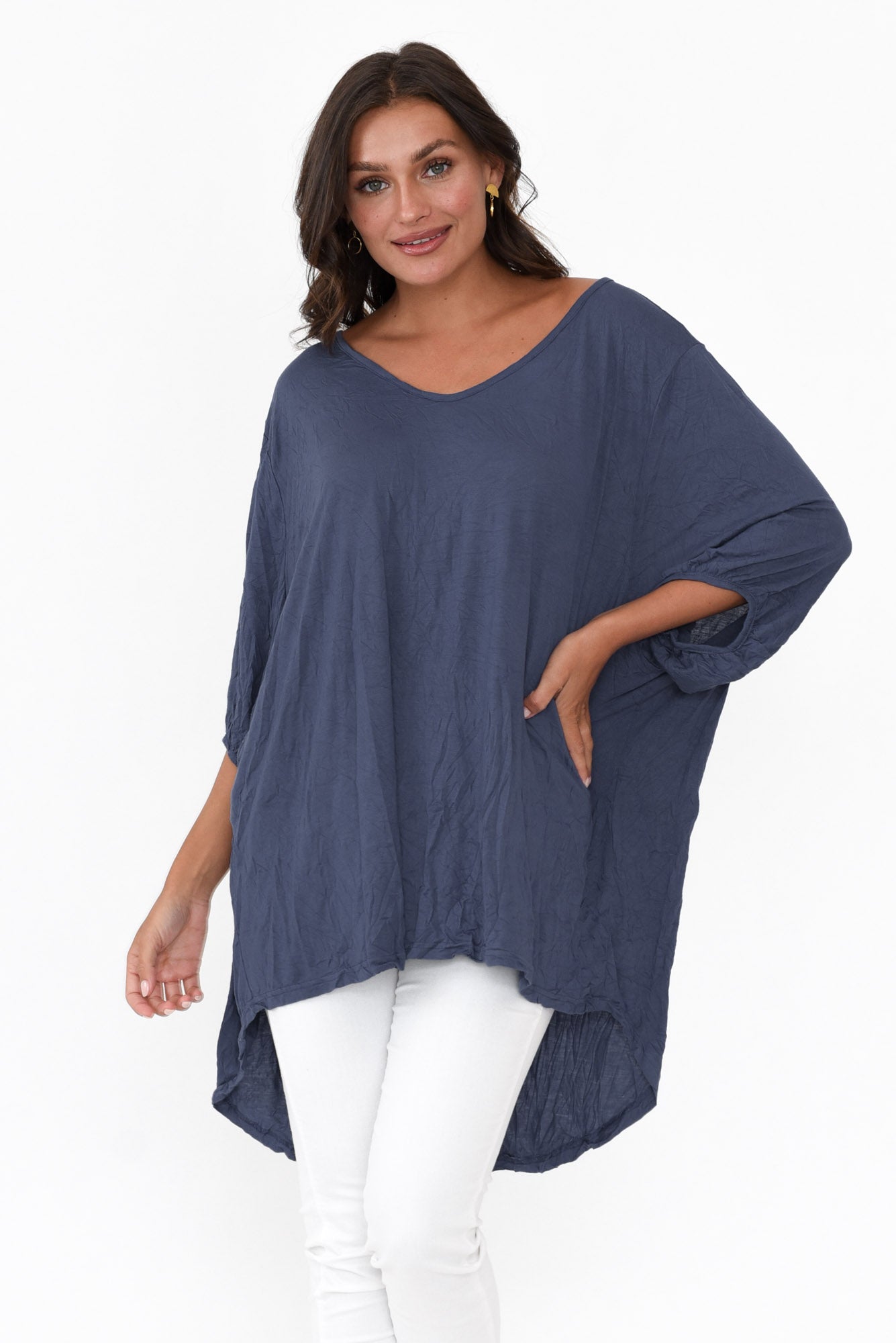 Agnes Navy Crinkle Cotton Hi Lo Top