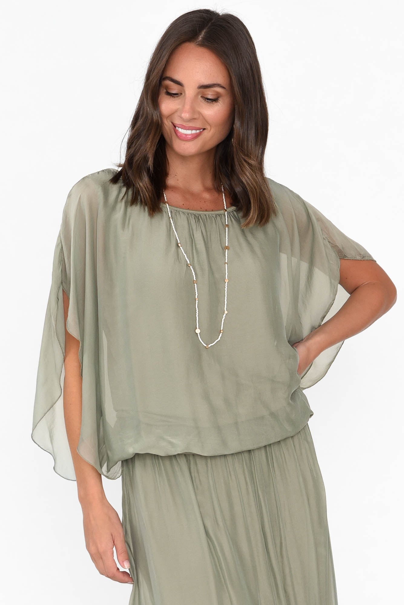 Evaline Sage Silk Layer Top