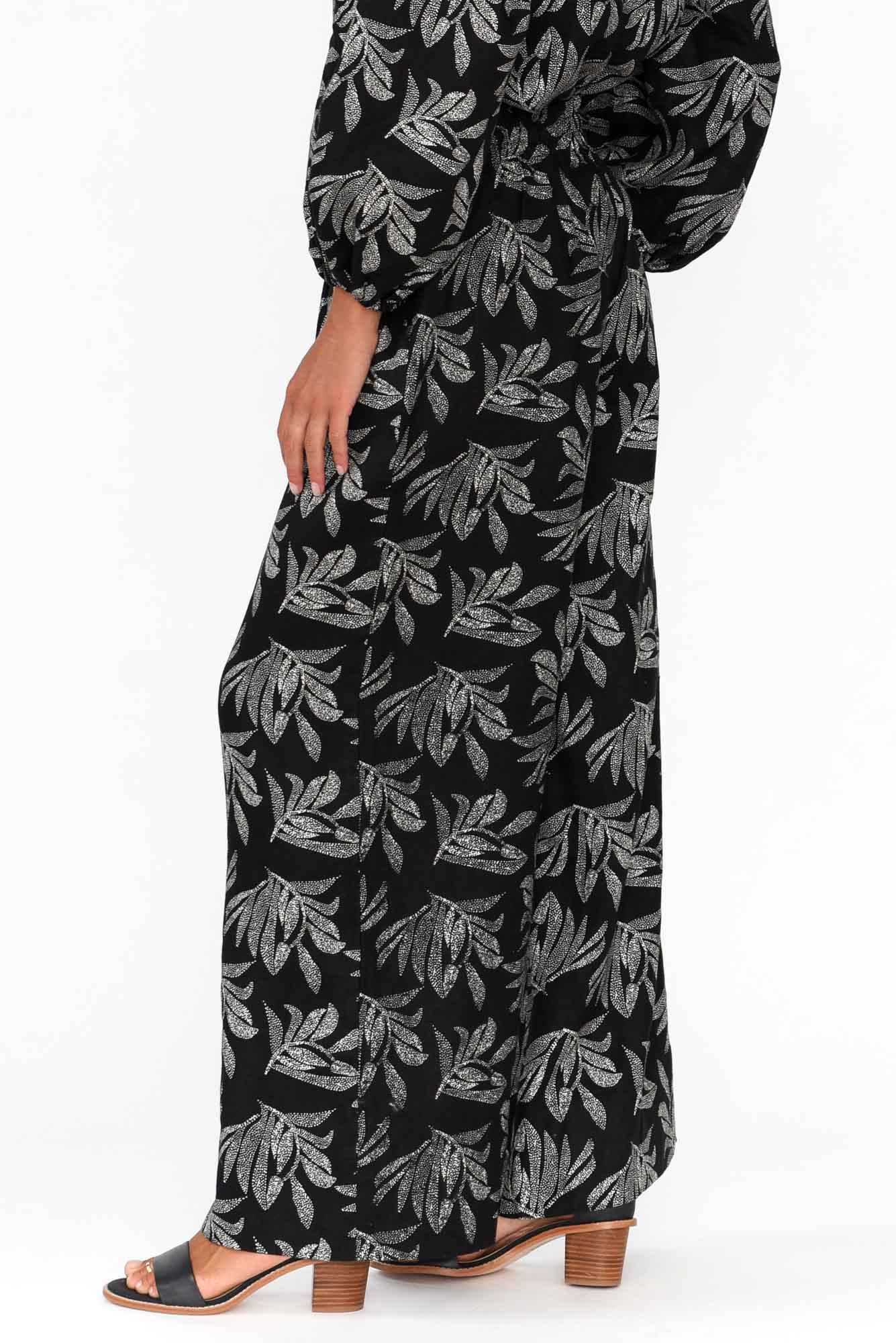 Eleri Black Palm Linen Wide Leg Pant