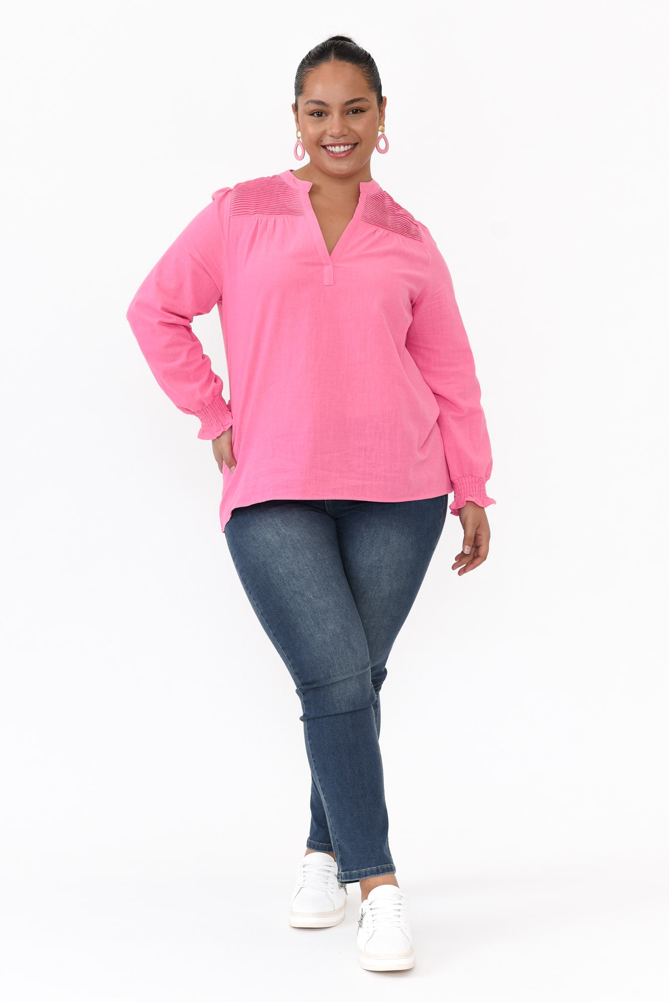 April Pink Cotton V Neck Top