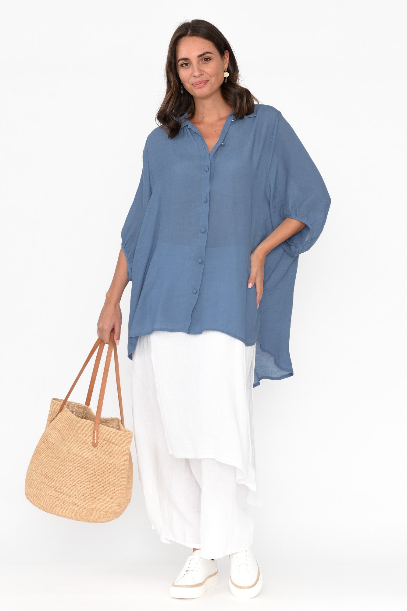 Blue Cotton Blend Hi Lo Shirt