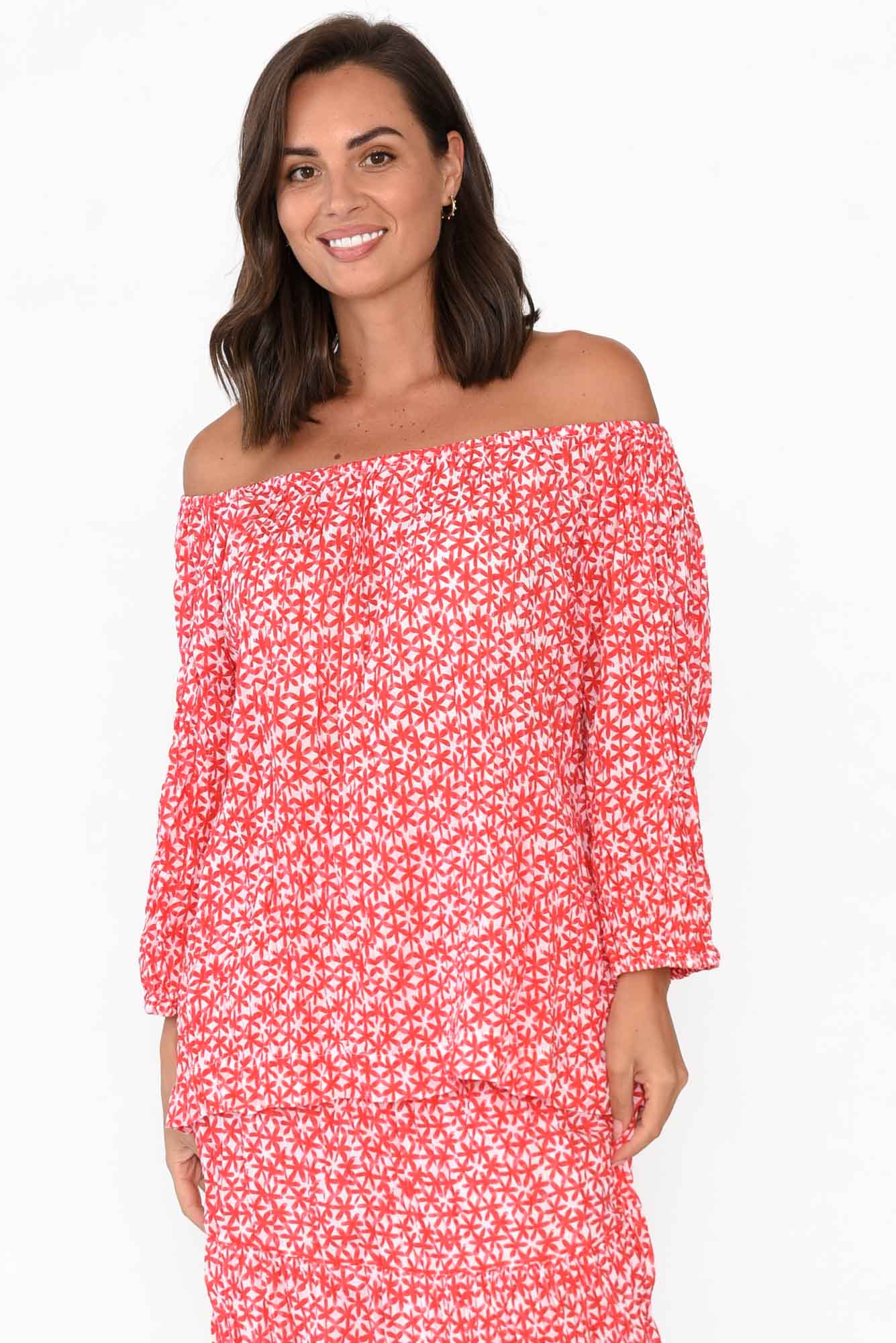 Christina Red Flower Crinkle Cotton Top
