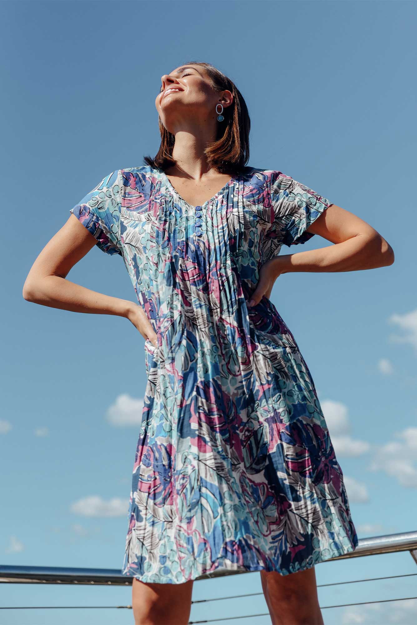 Sabina Blue Palm Crinkle Cotton Dress
