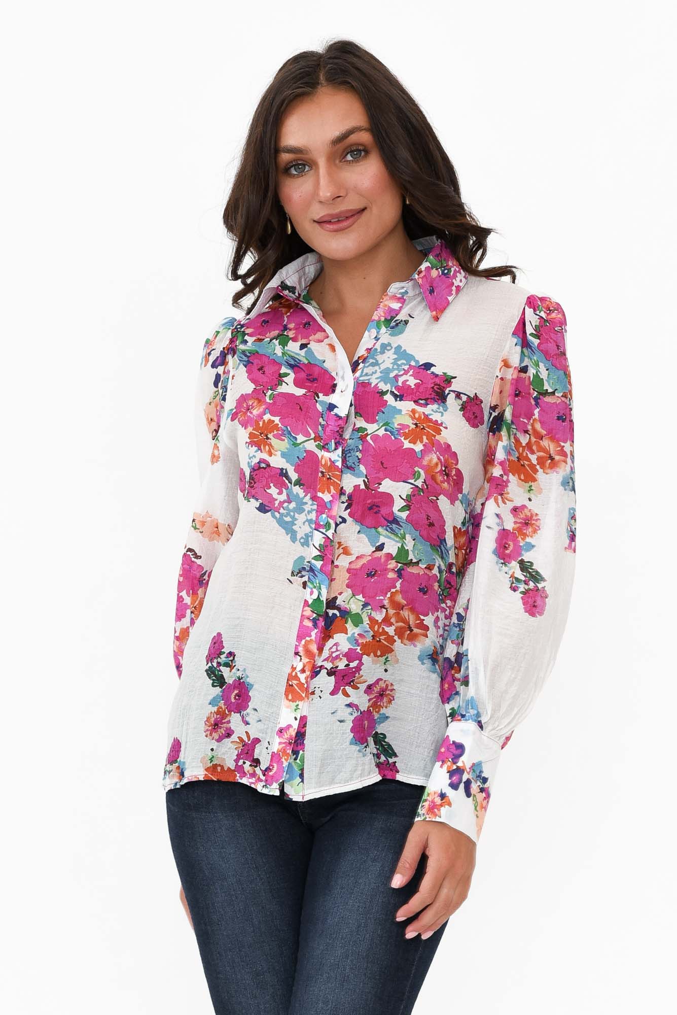 Astrid White Blossom Cotton Blend Shirt