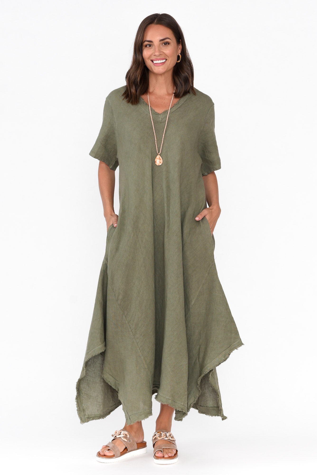 Lacasa Khaki Linen Frayed Dress