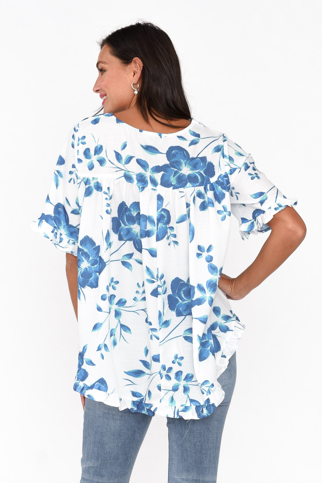 Perrin Blue Floral Ruffle Top