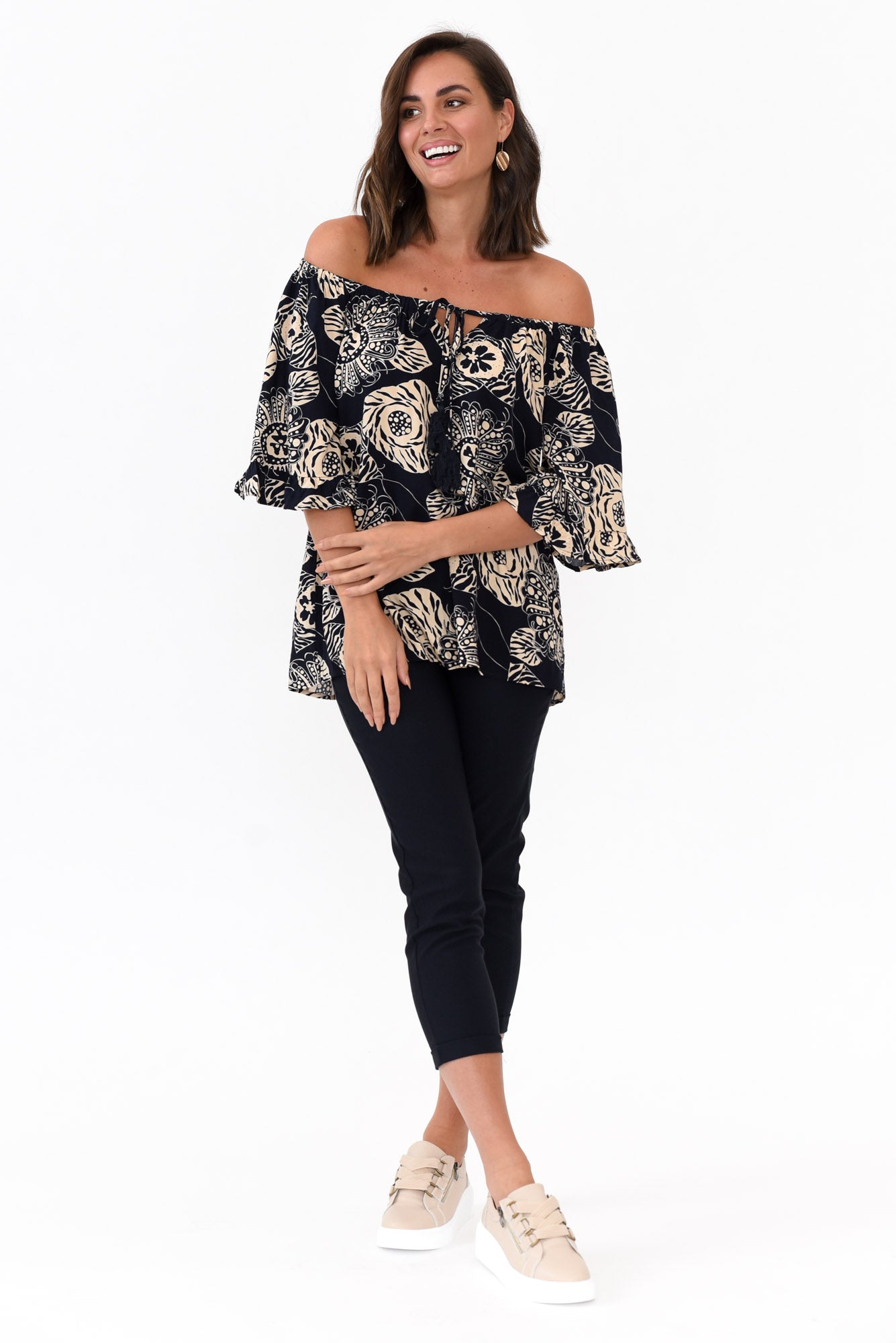 Leora Navy Flower Frill Top