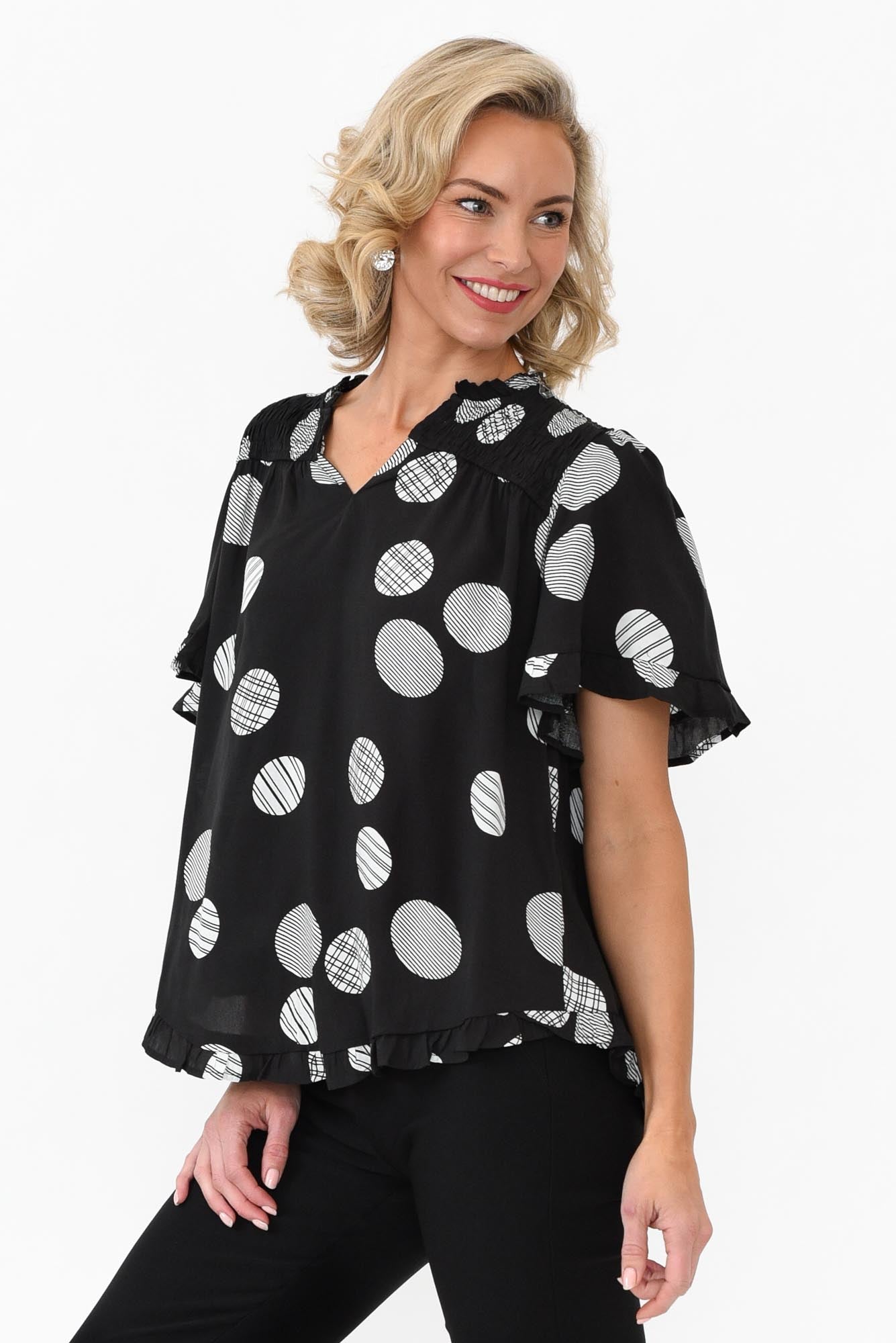 Malika Black Spot Frill Top