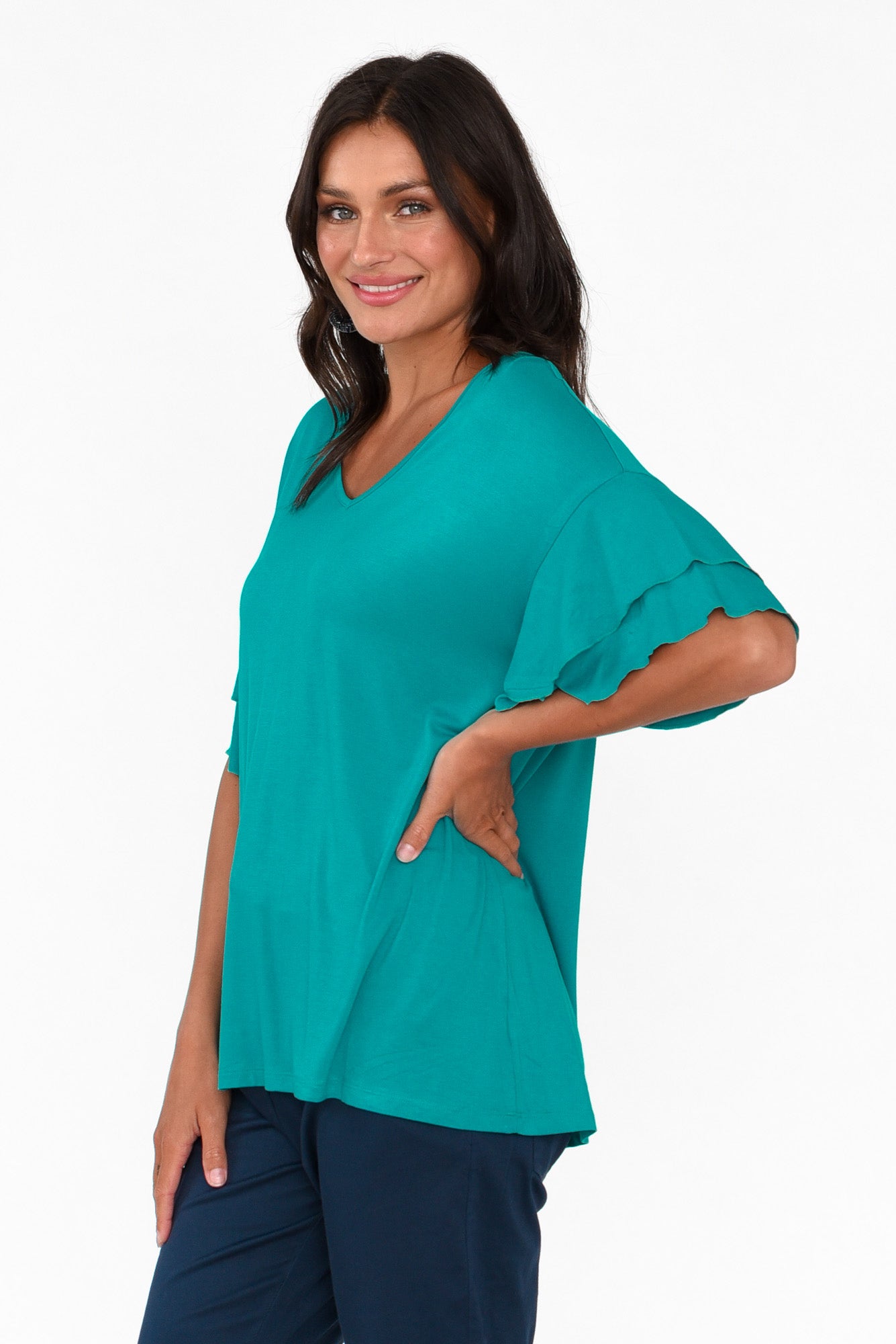 Ripon Blue Lagoon Frill Sleeve Top