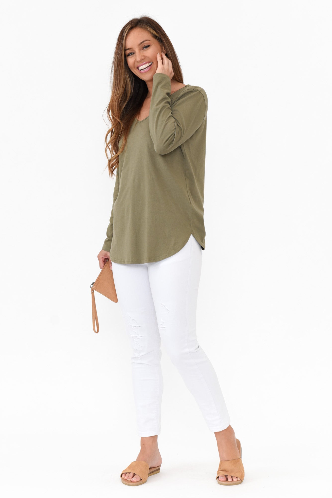 Archer Khaki Cotton Long Sleeve Top