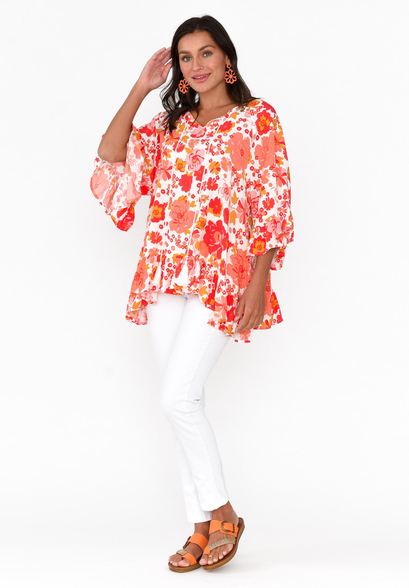 Chase Red Bloom Tassel Ruffle Top