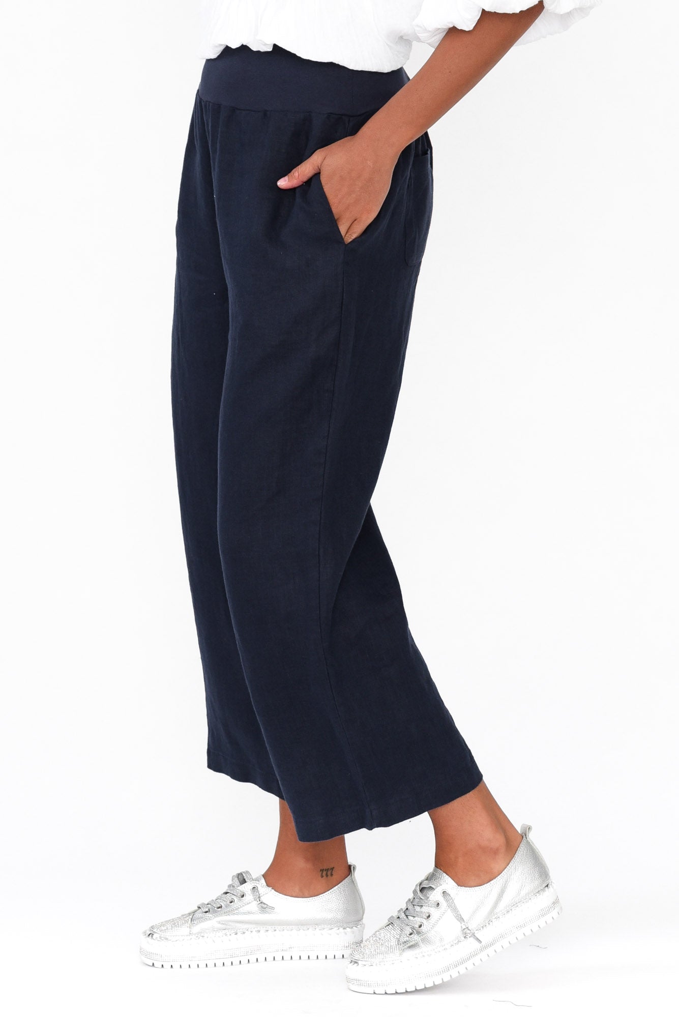 Griffin Navy Linen Wide Leg Pant