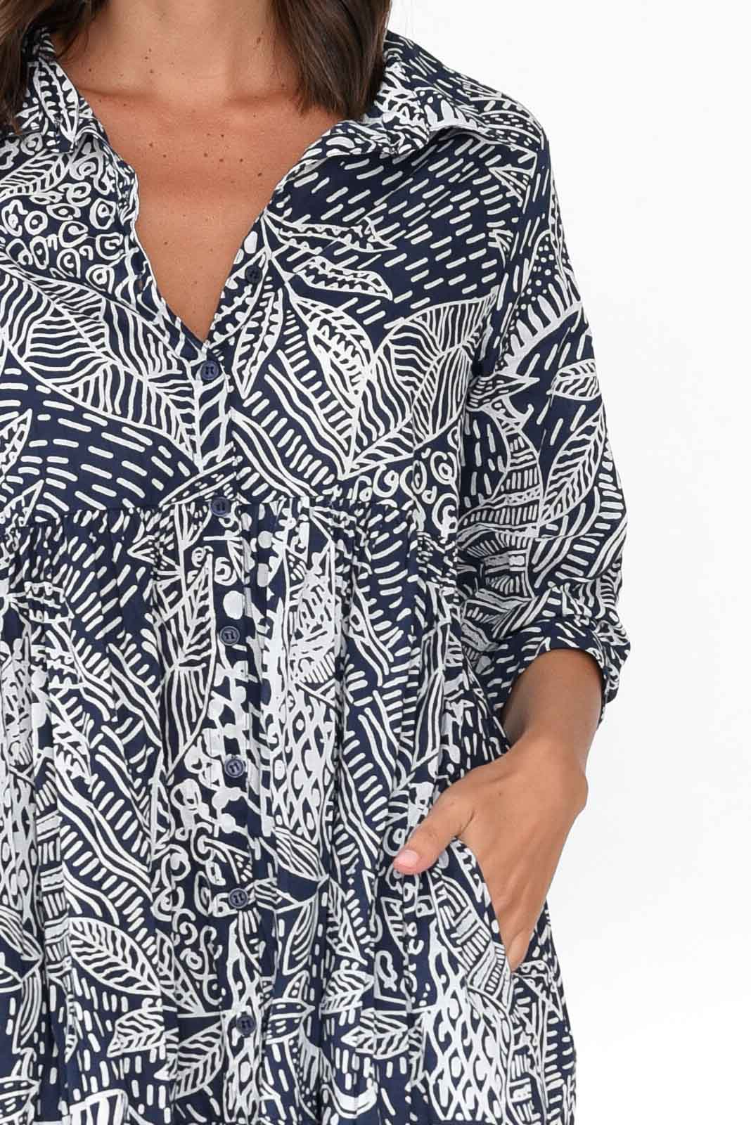 Leros Navy Jungle Organic Cotton Shirt Dress