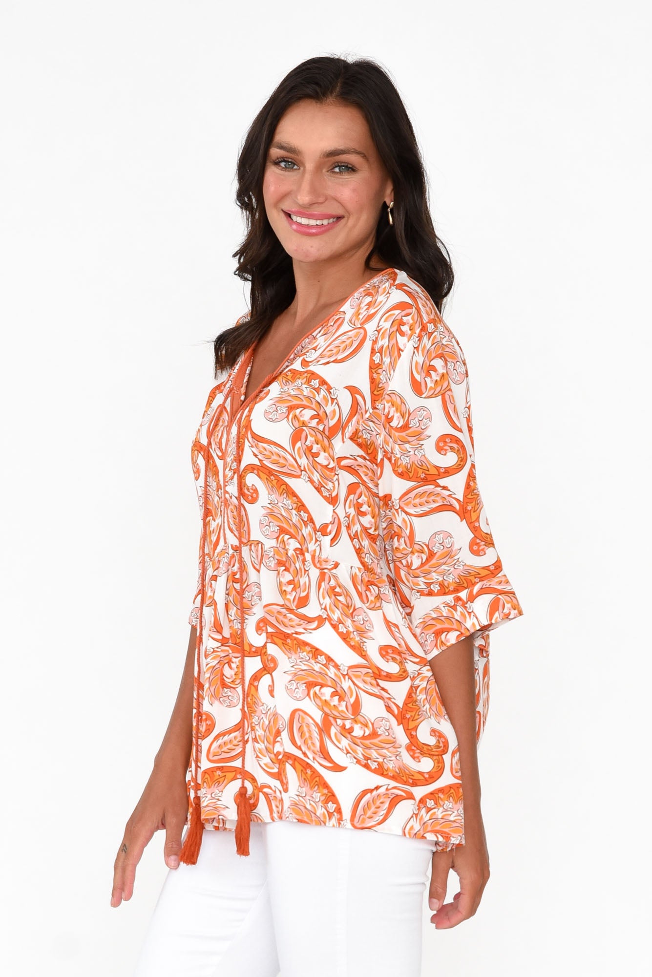 Gwendolyn Orange Paisley Tassel Top