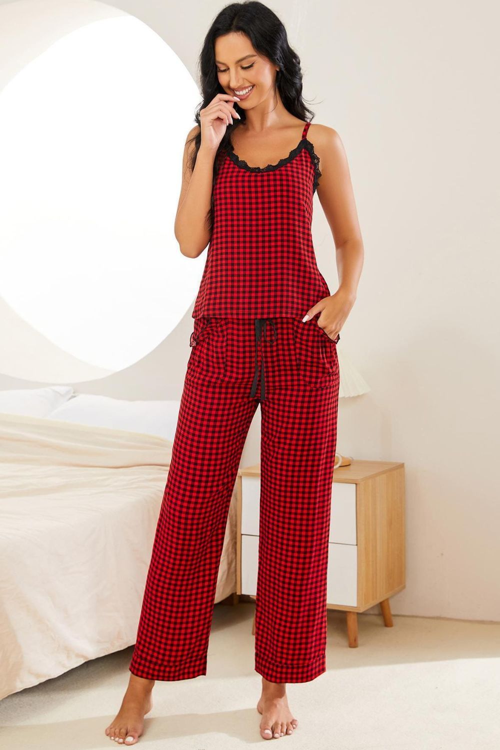 Women Plaid Lace Trim Cami and Drawstring Pants Pajama Set