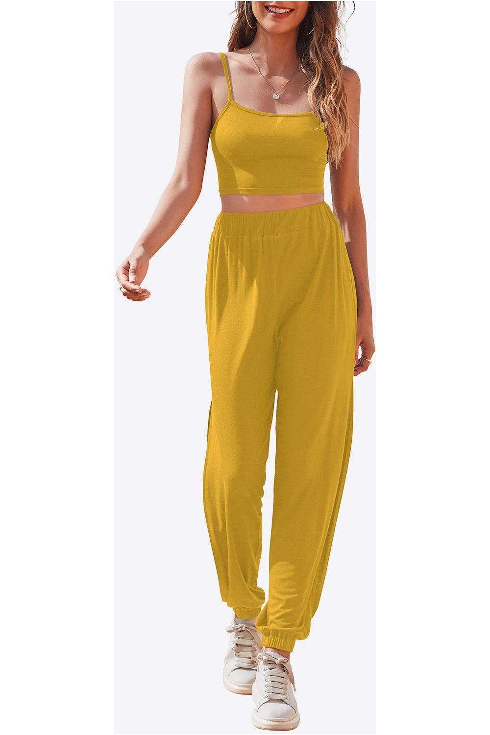 Women Cropped Cami and Side Split Joggers Set