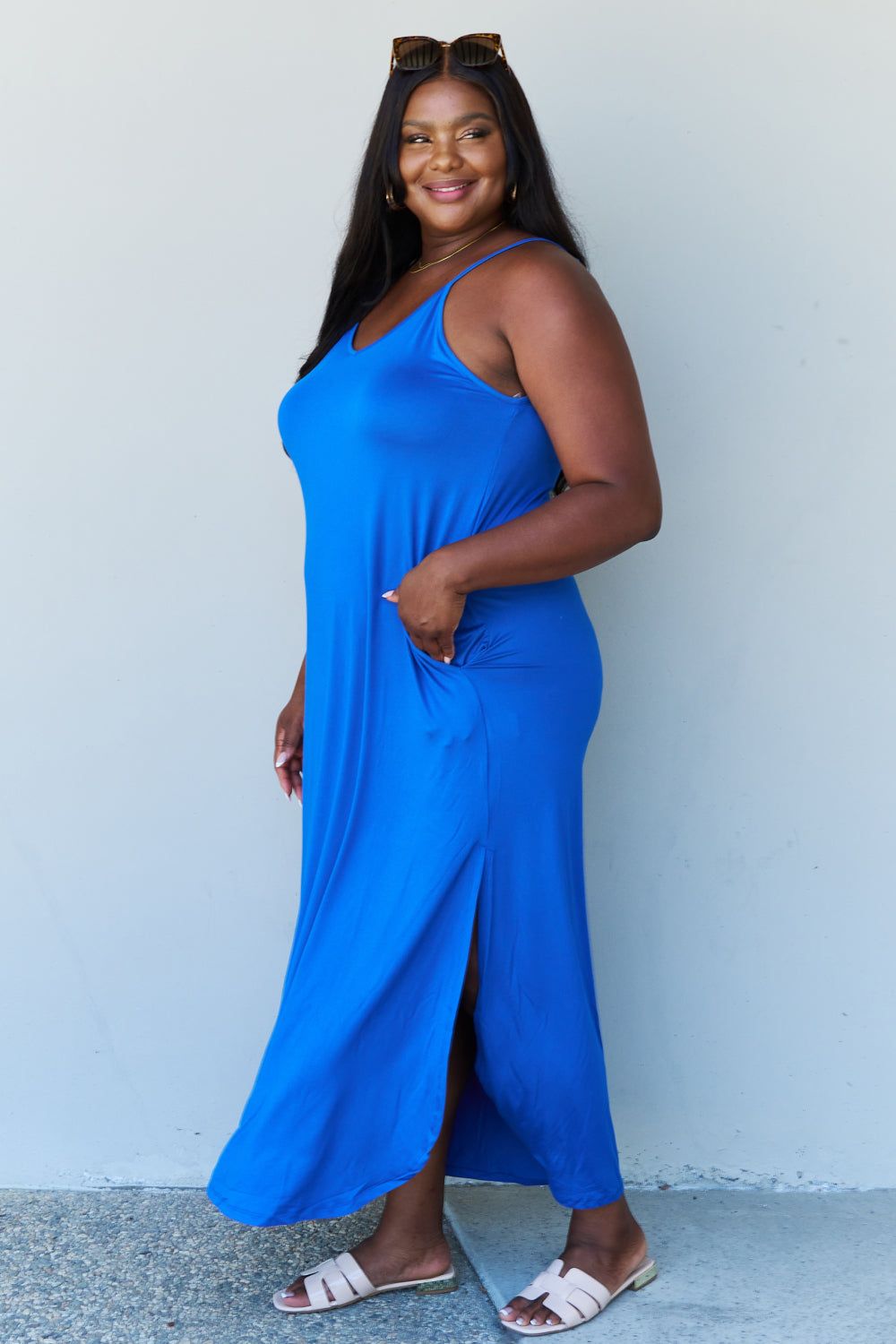 Full Size Women Cami Side Slit Maxi Dress in Royal Blue