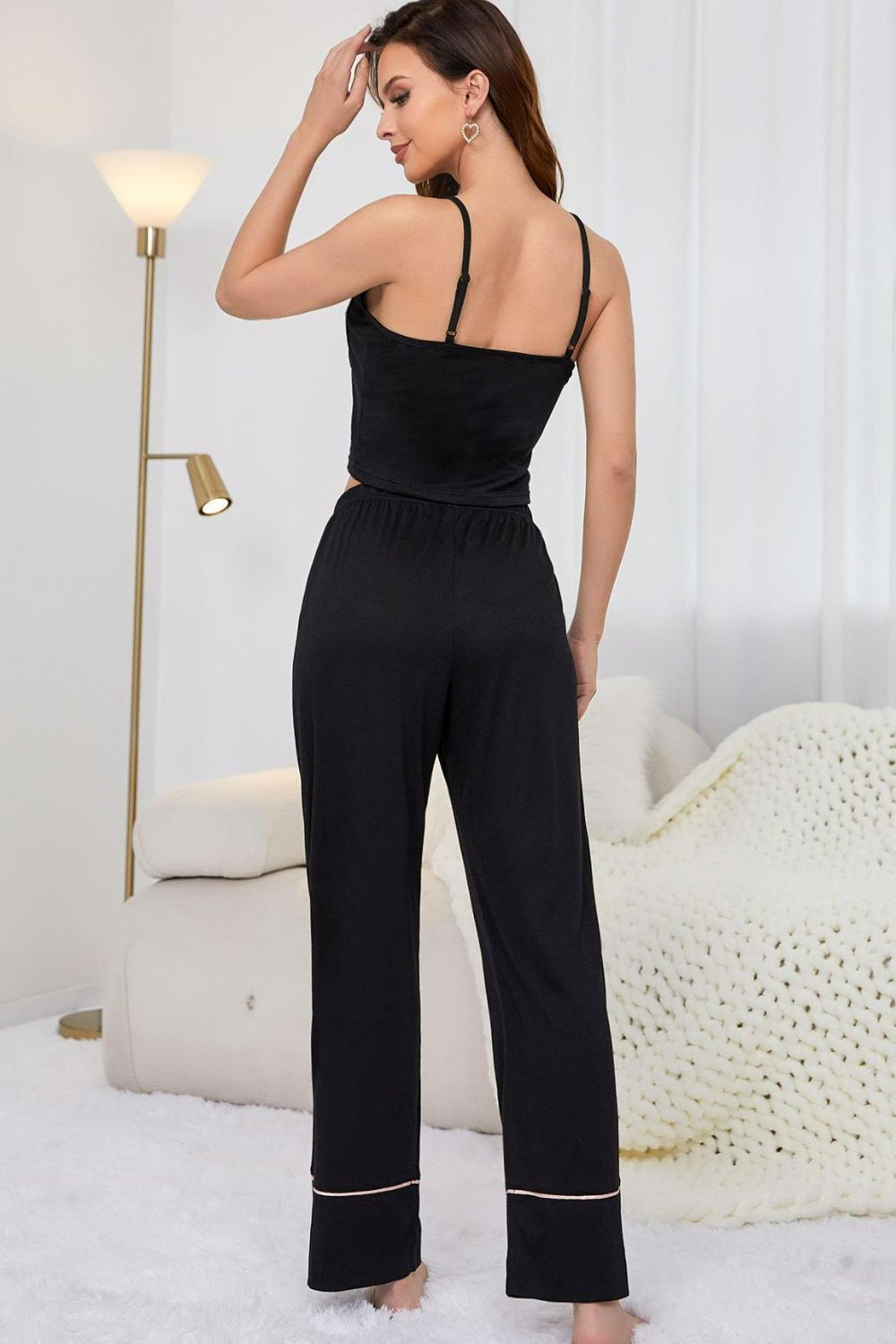 Women Contrast Trim Cropped Cami and Pants Loungewear Set