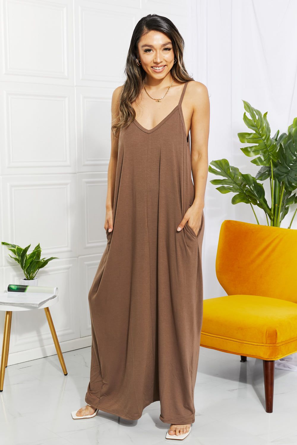 Women Zenana Full Size Beach Vibes Cami Maxi Dress in Mocha