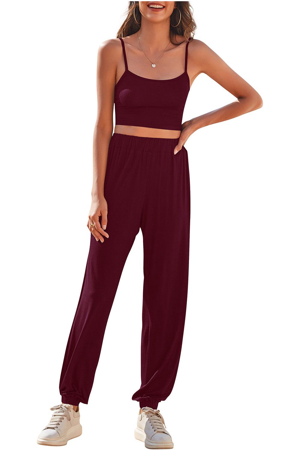 Women Cropped Cami and Side Split Joggers Set