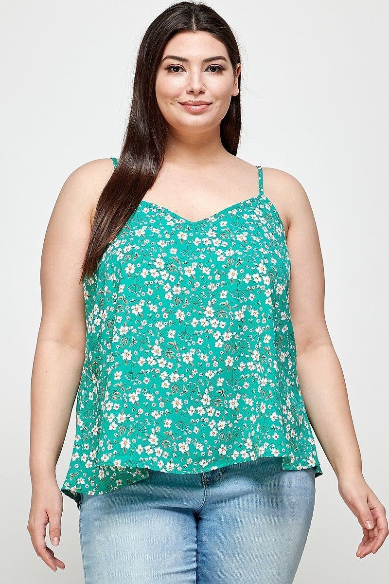 Plus Size Women Green Ditsy Floral Print Cami Sleeveless Top