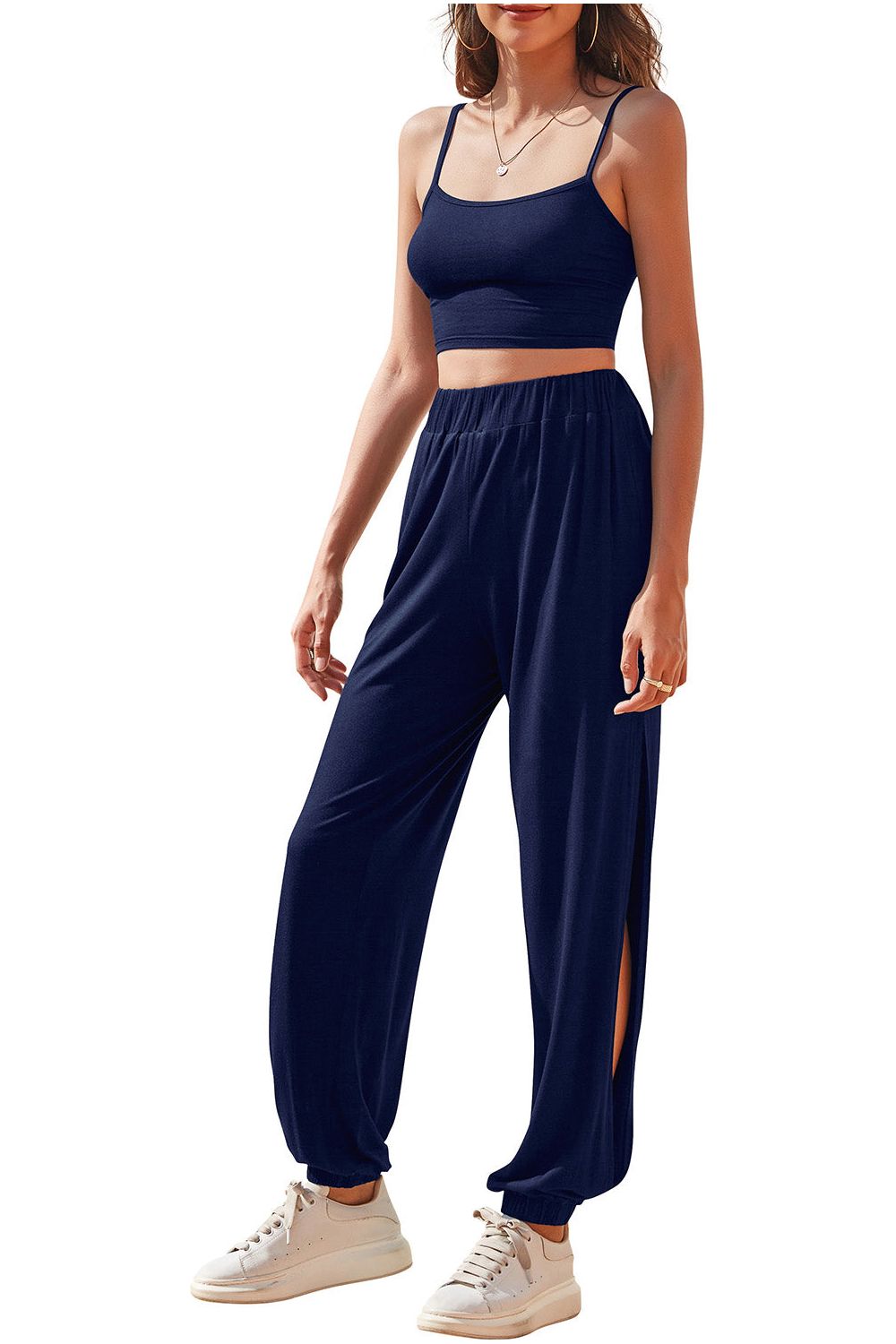 Women Cropped Cami and Side Split Joggers Set