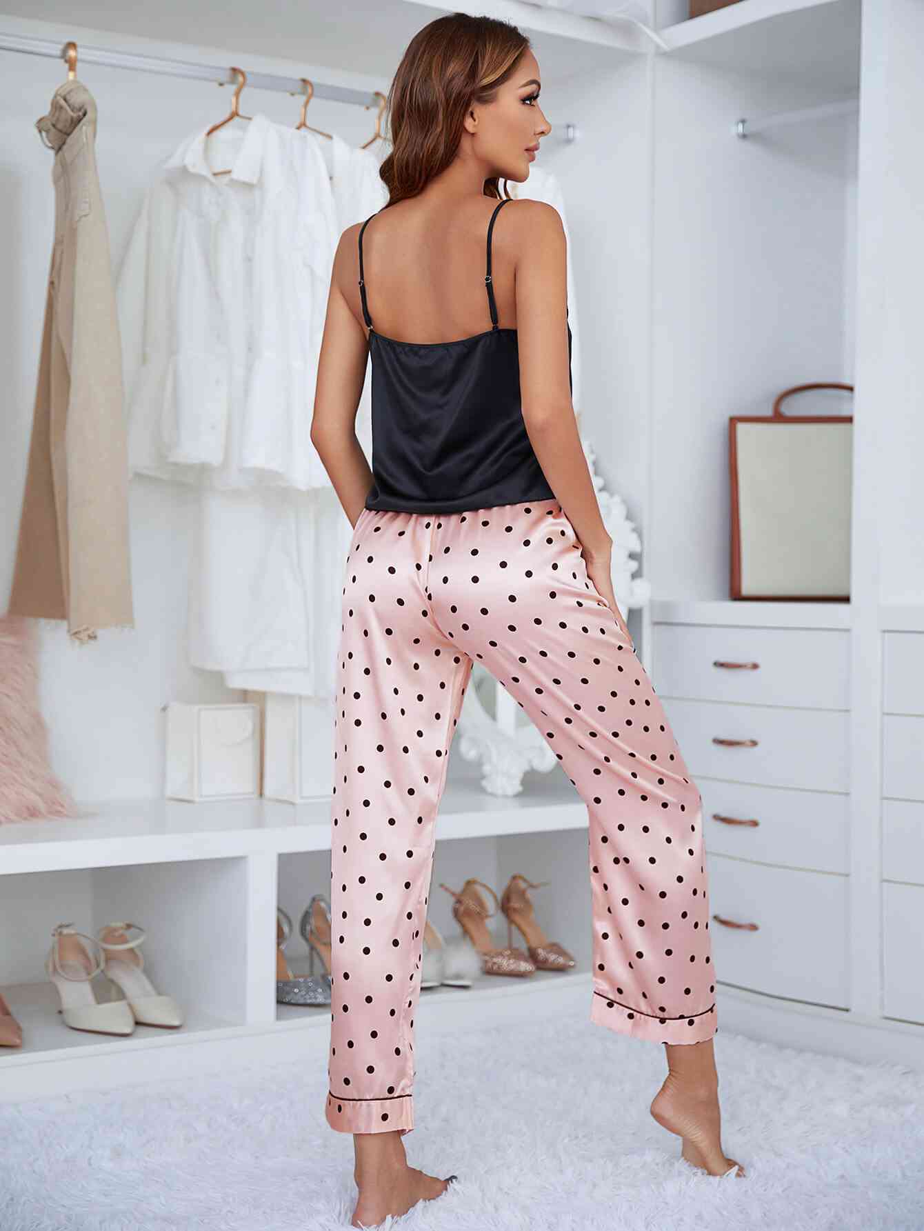 Women Lace Trim Cami and Polka Dot Satin Pajama Set