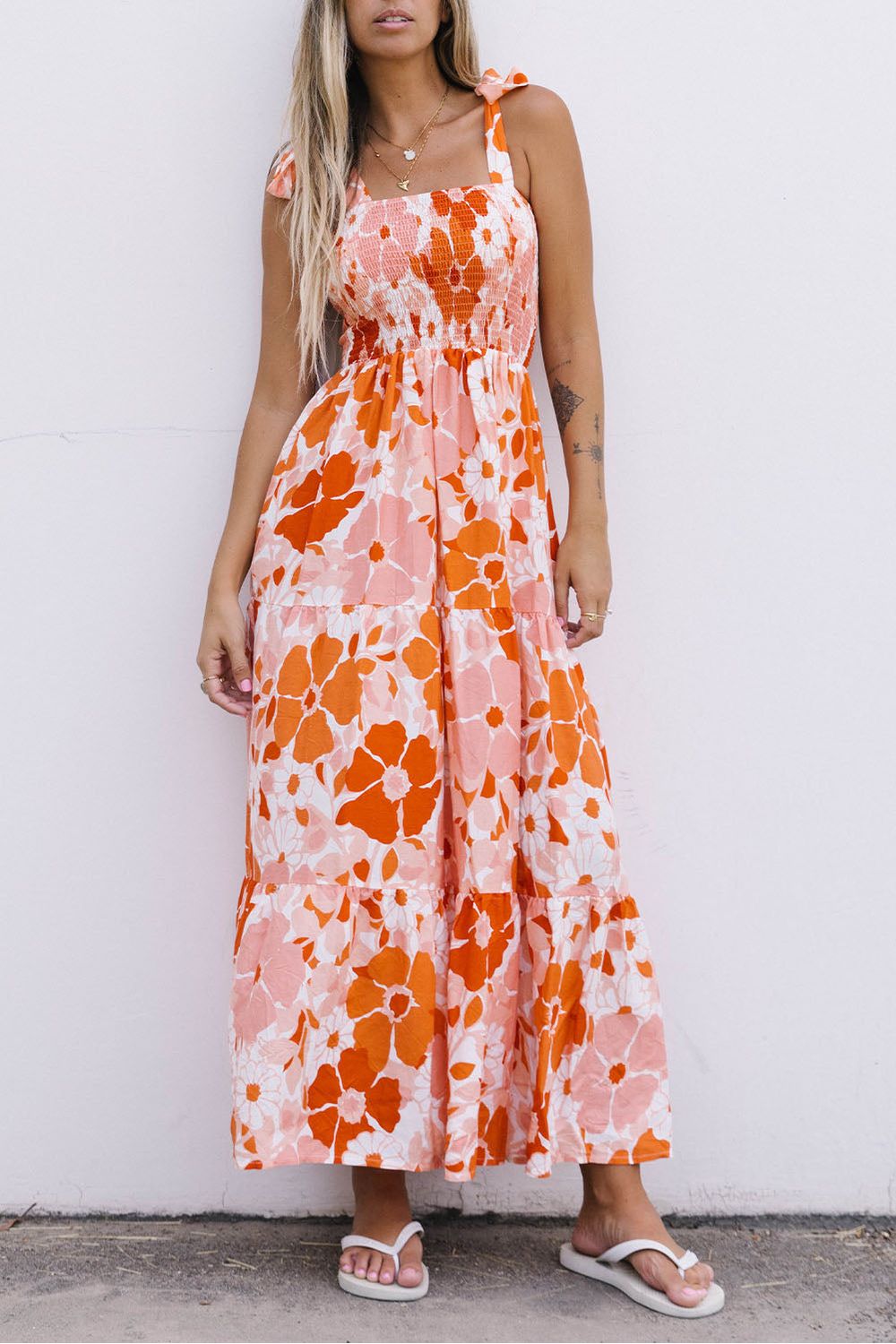 Women Floral Tie-Shoulder Smocked Maxi Dress