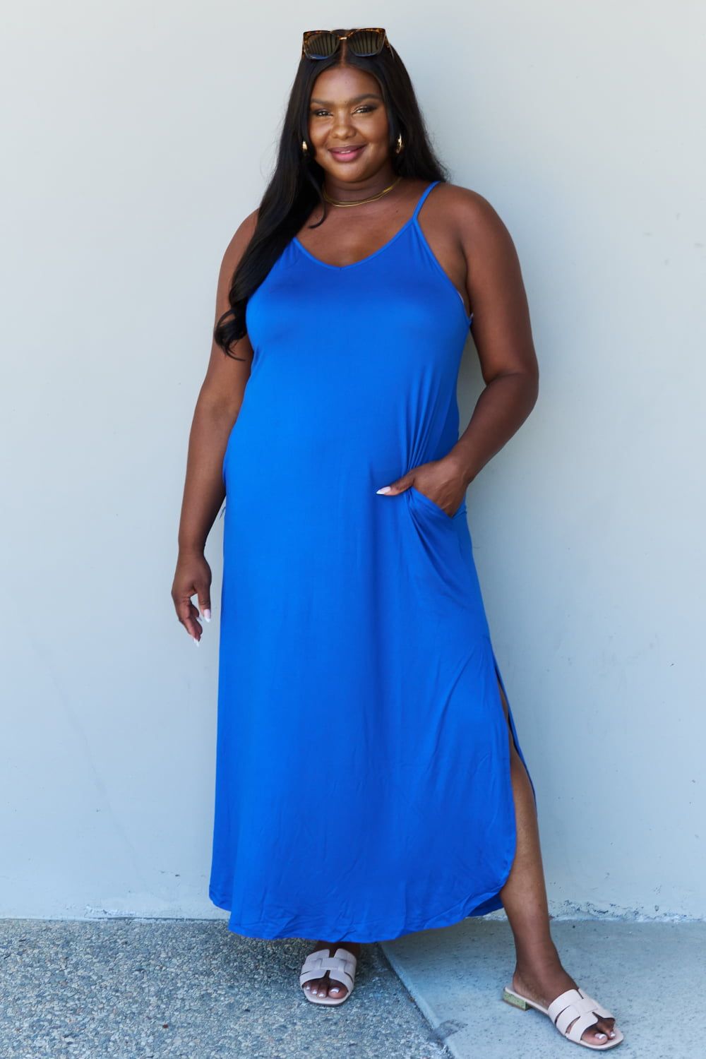 Full Size Women Cami Side Slit Maxi Dress in Royal Blue