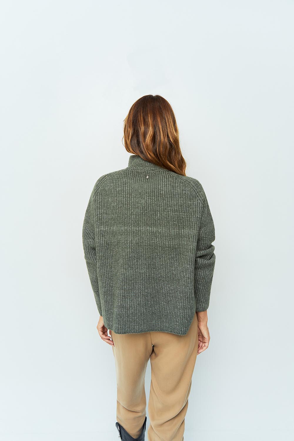 TRINITE - Pull kaki chiné tricot ctelé à col camionneur