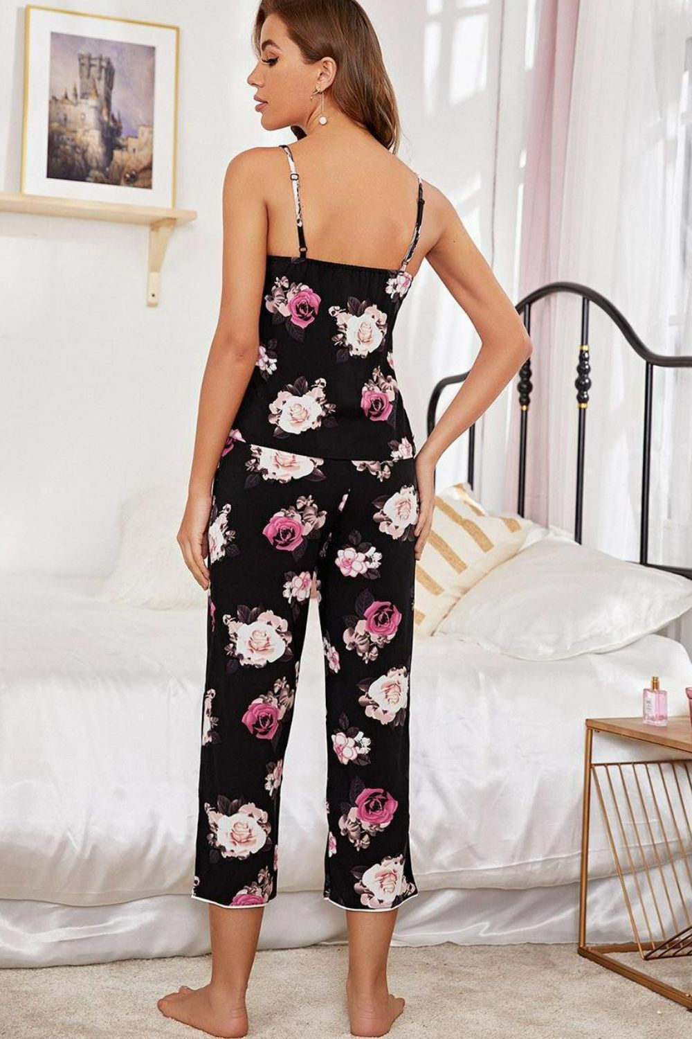 Women Floral V-Neck Cami and Cropped Pants Lounge Set