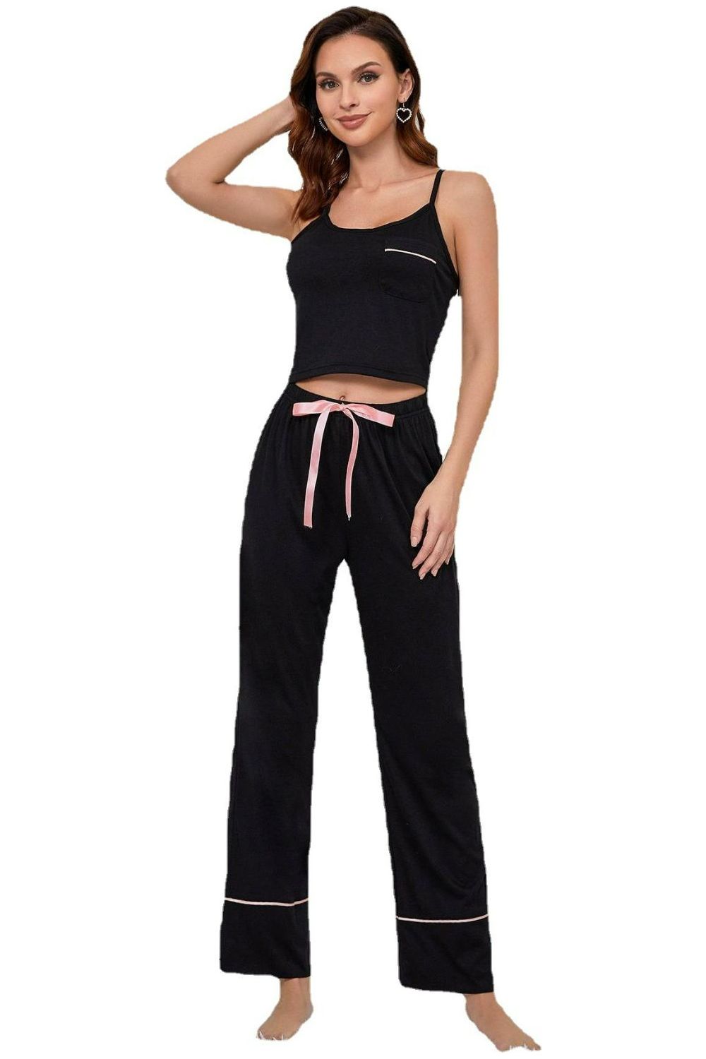 Women Contrast Trim Cropped Cami and Pants Loungewear Set