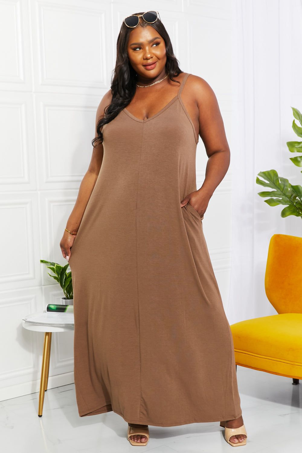 Women Zenana Full Size Beach Vibes Cami Maxi Dress in Mocha