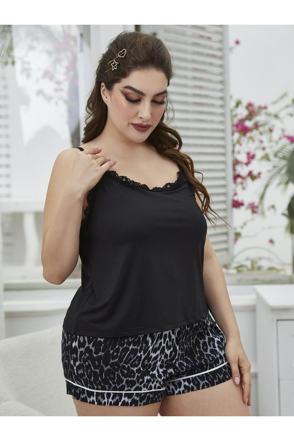 Plus Size Women Lace Trim Scoop Neck Cami and Printed Shorts Pajama Set